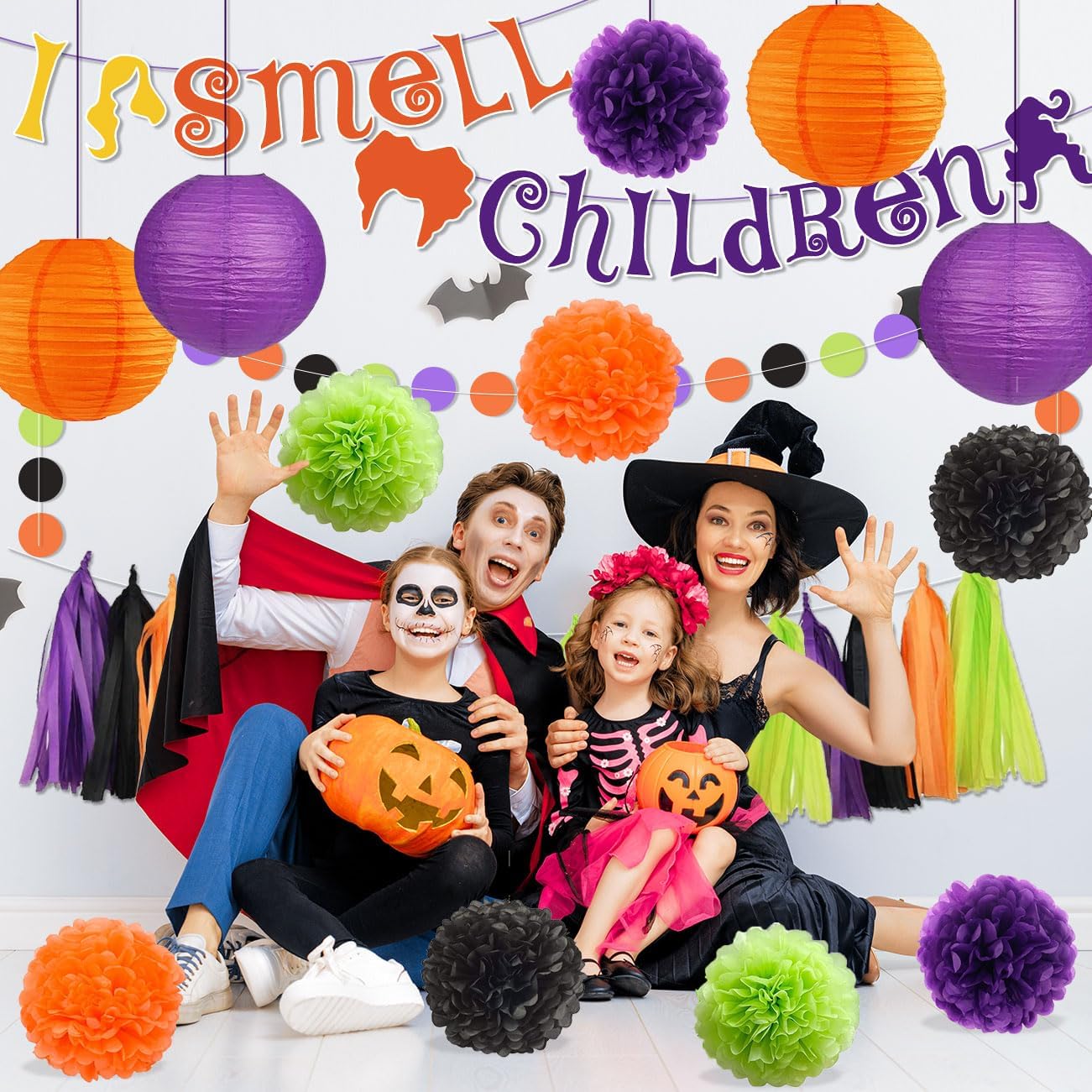 Hocus Pocus Halloween Decor Banner with Pompoms and Tassels