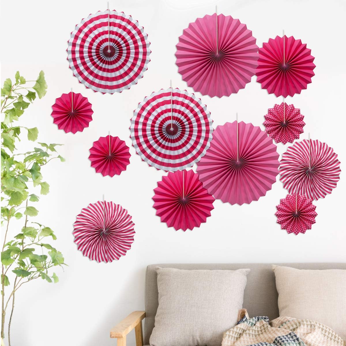 ONUPGO 12PCS Pink Fiesta Paper Fans Decorations