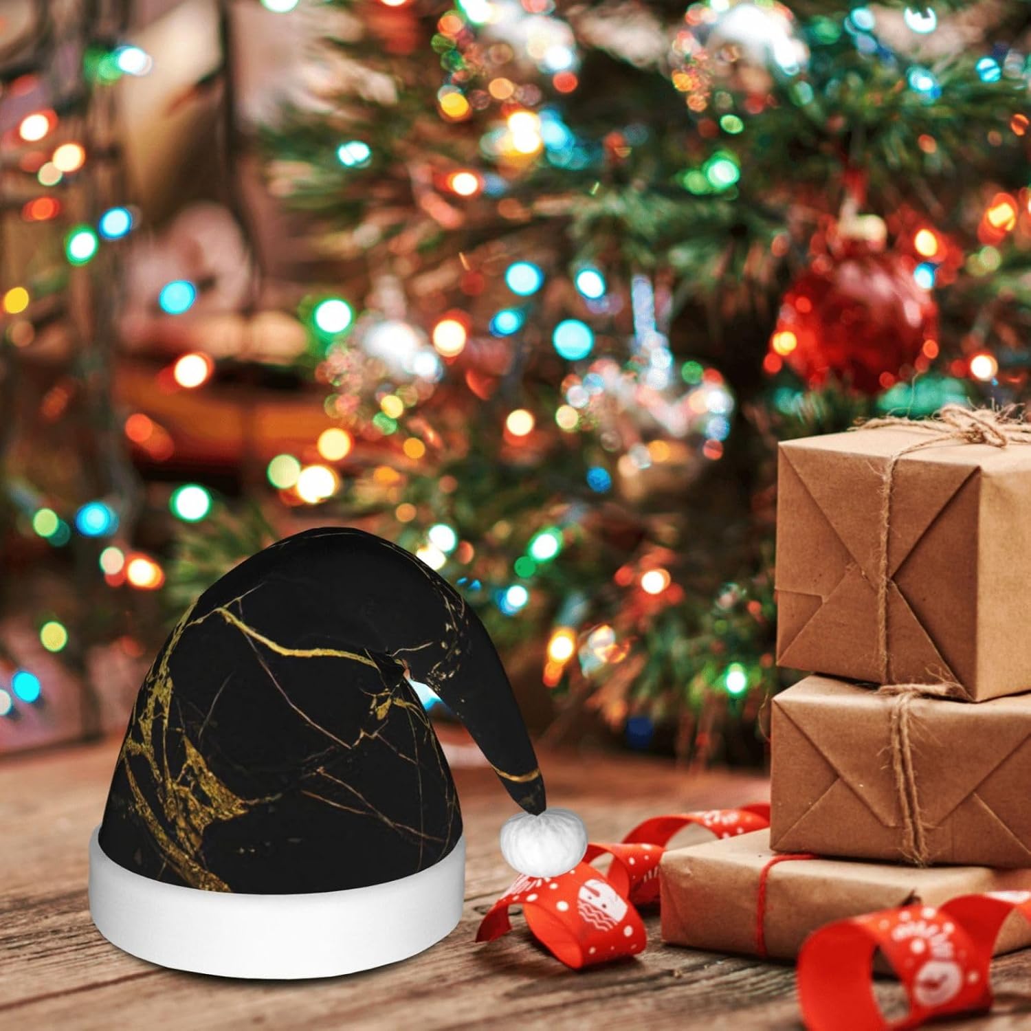 QINZHENG Personalized Santa Hat Black Gold Print Christmas Headwear for Women