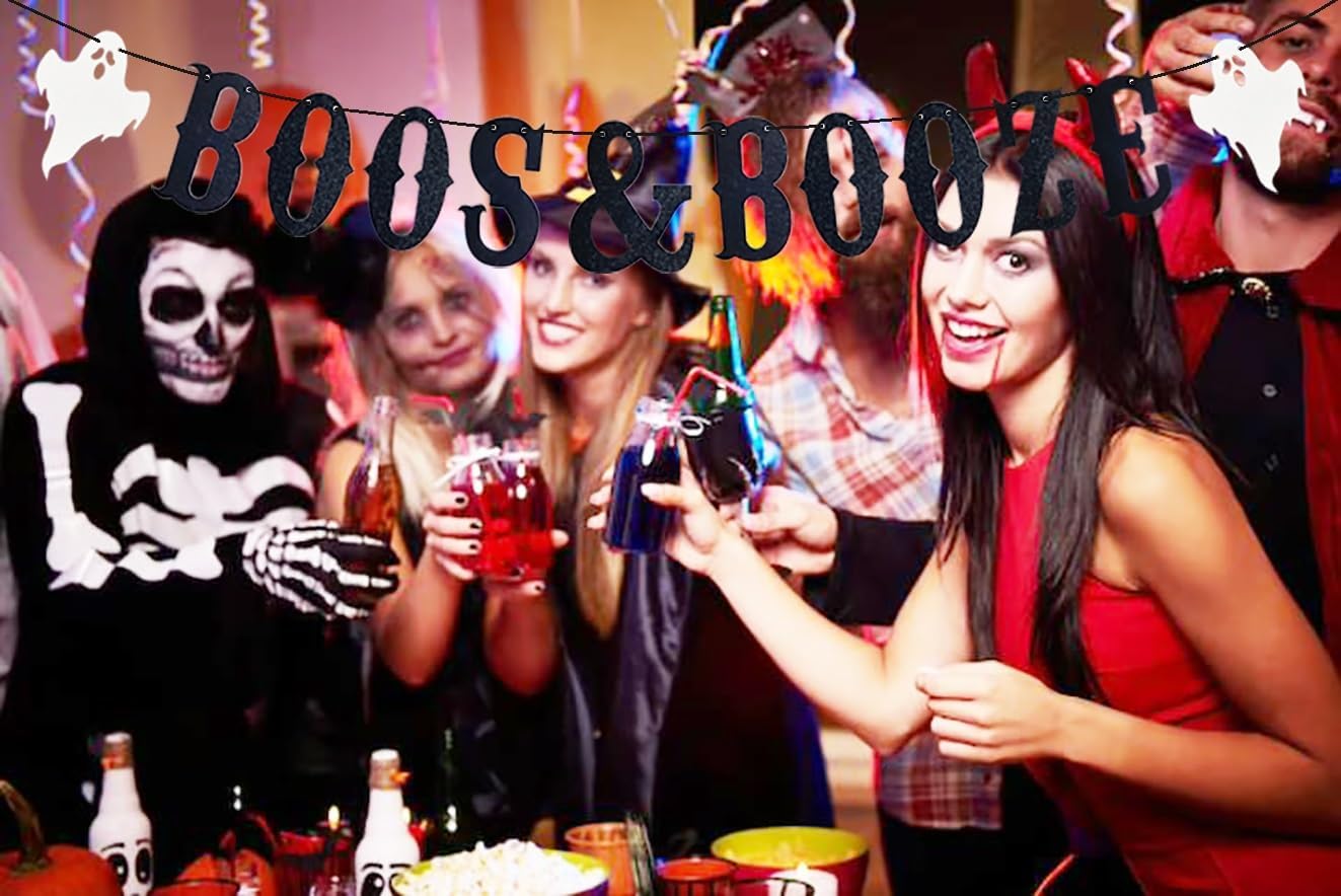 Black Boos Booze Halloween Banner with Glitter