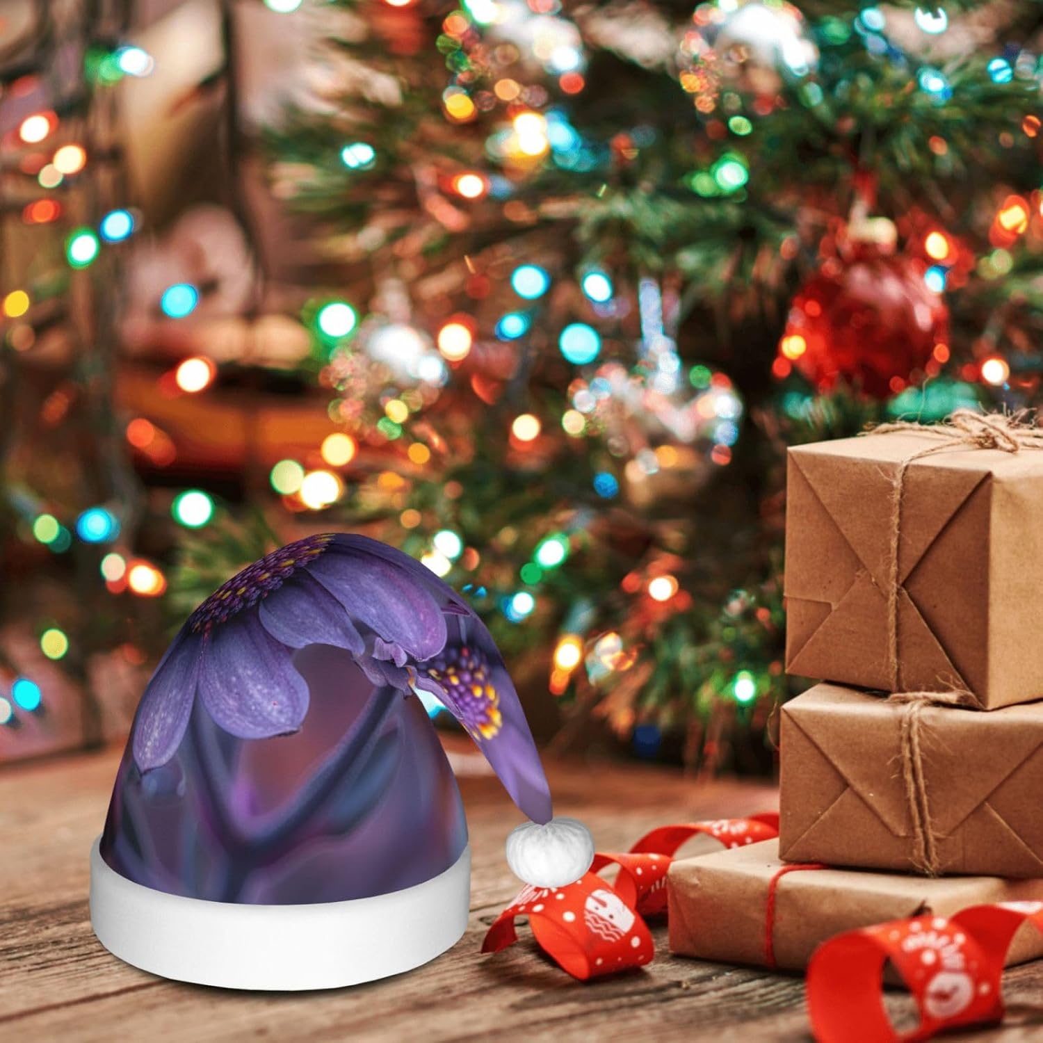 QINZHENG Personalized Santa Hat with Three Flowers Print