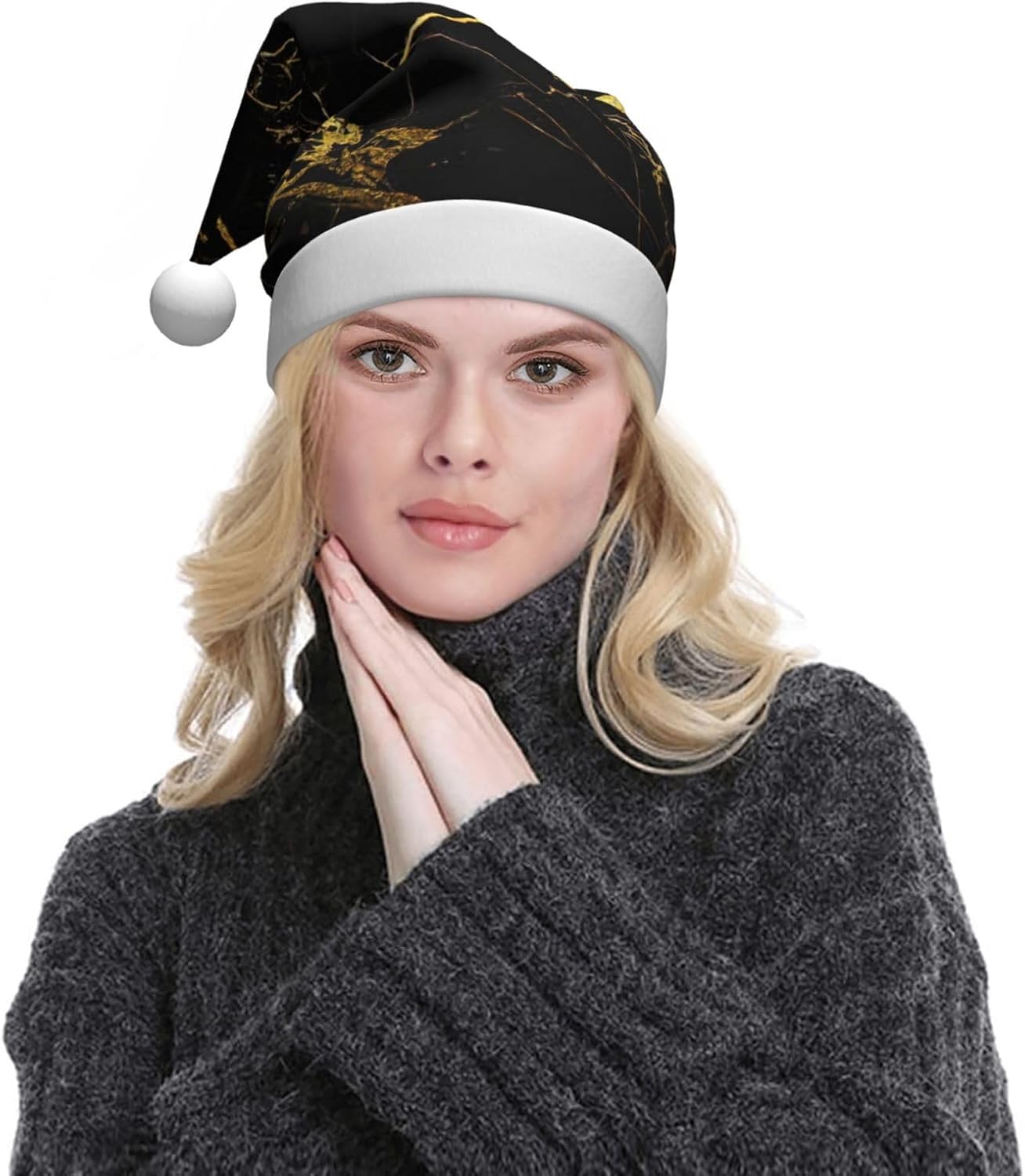 QINZHENG Personalized Santa Hat Black Gold Print Christmas Headwear for Women