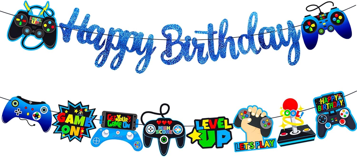Glitter Blue Game Party Banners for Birthday Celebrations