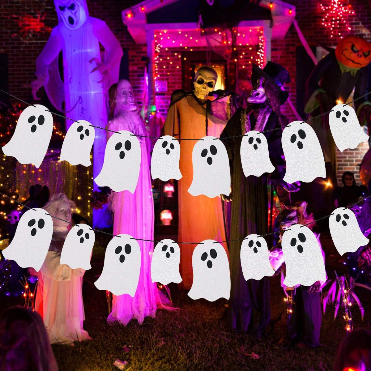 2 Pack White Glitter Halloween Ghost Garland Banners
