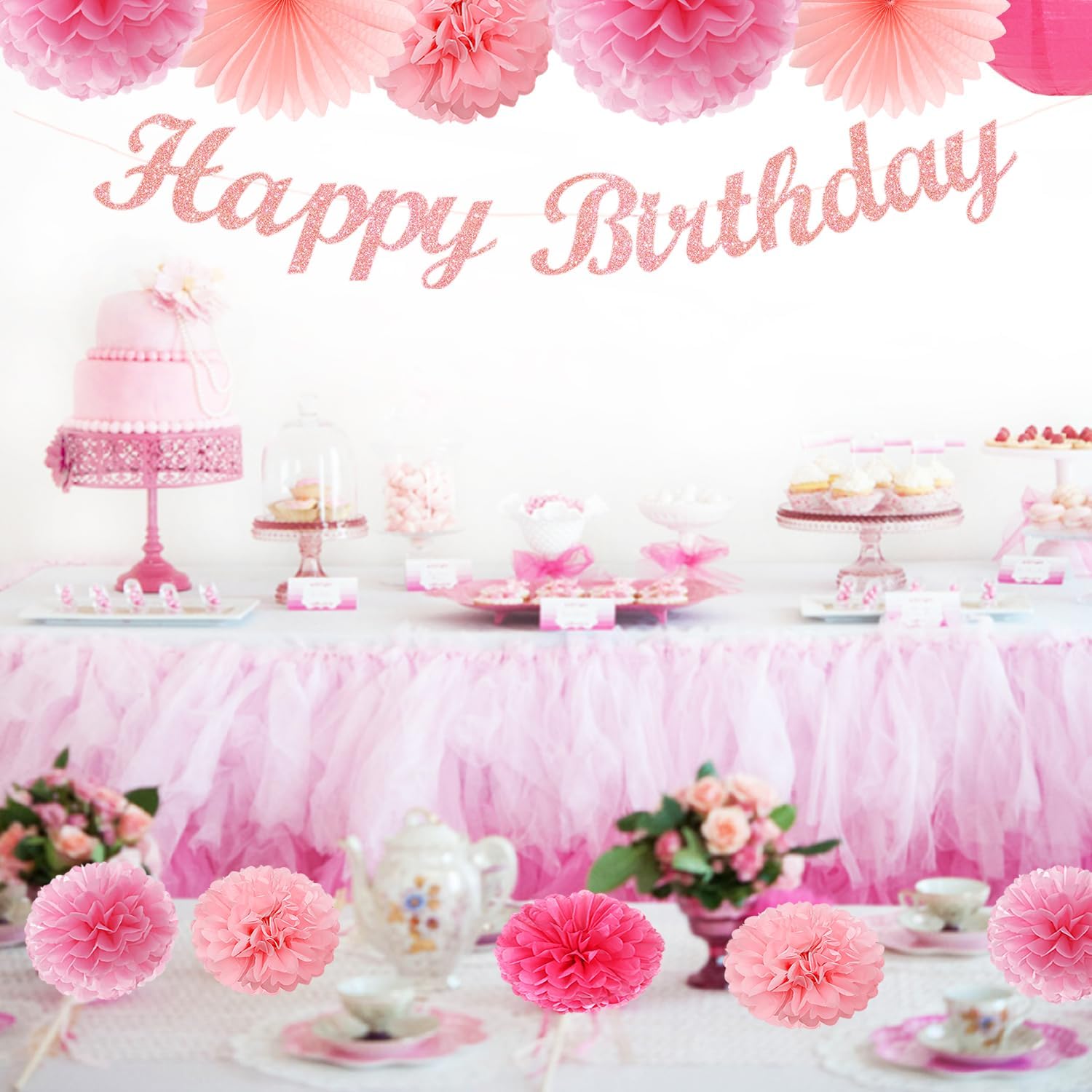 Hot Pink Birthday Decorations - 14pcs Paper Flowers Lanterns Pom Poms