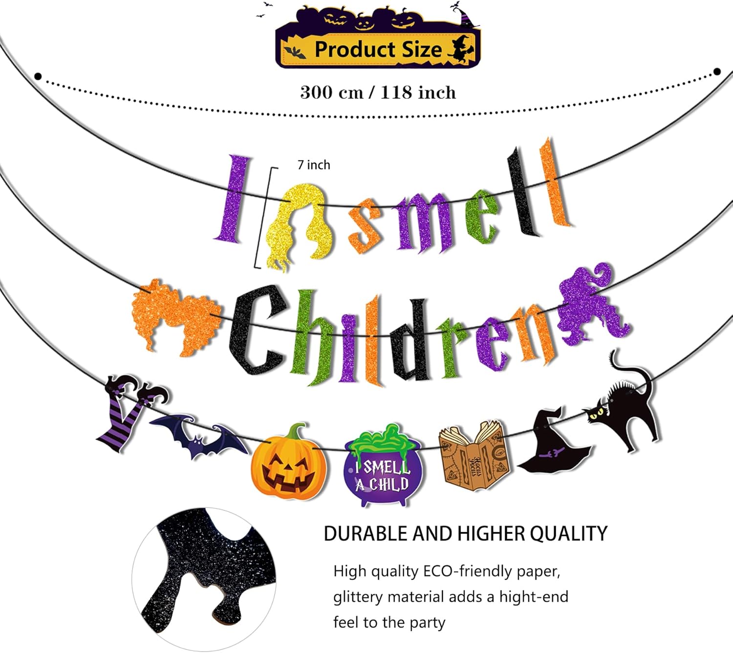 Pre-Strung I Smell Children Halloween Banner with Witches Hair