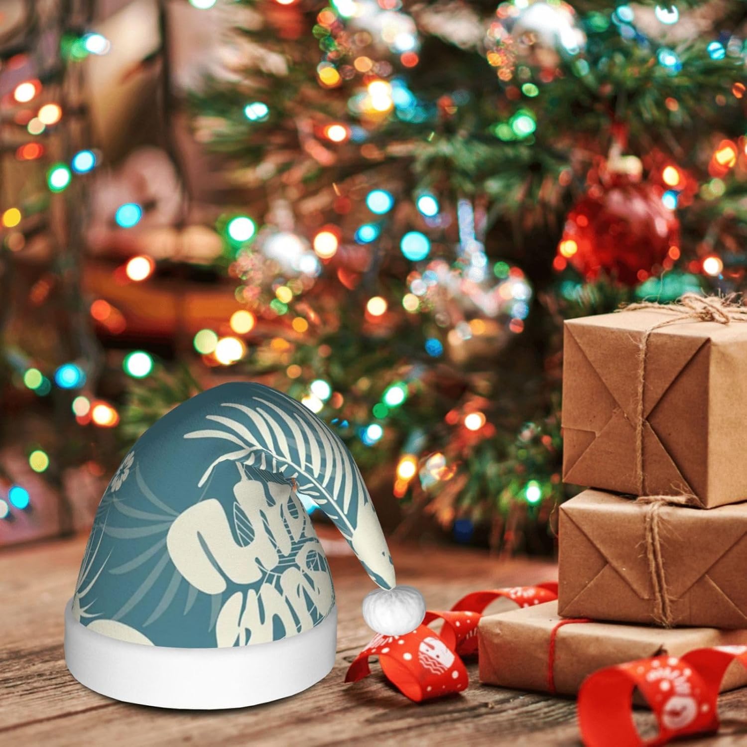 QINZHENG Velvet Santa Hat with Leaves Print