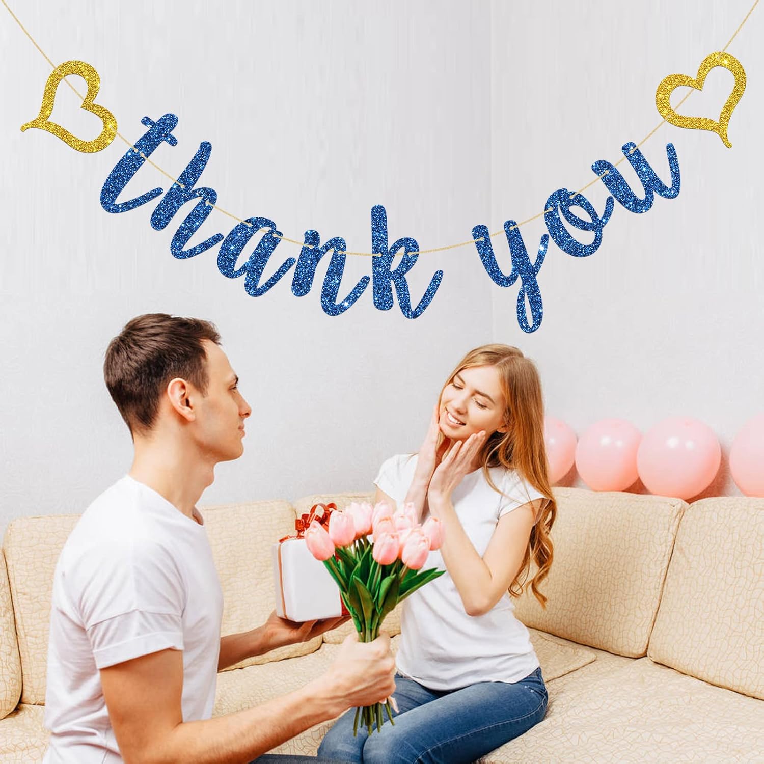 INNORU Navy Blue Glitter Thank You Banner