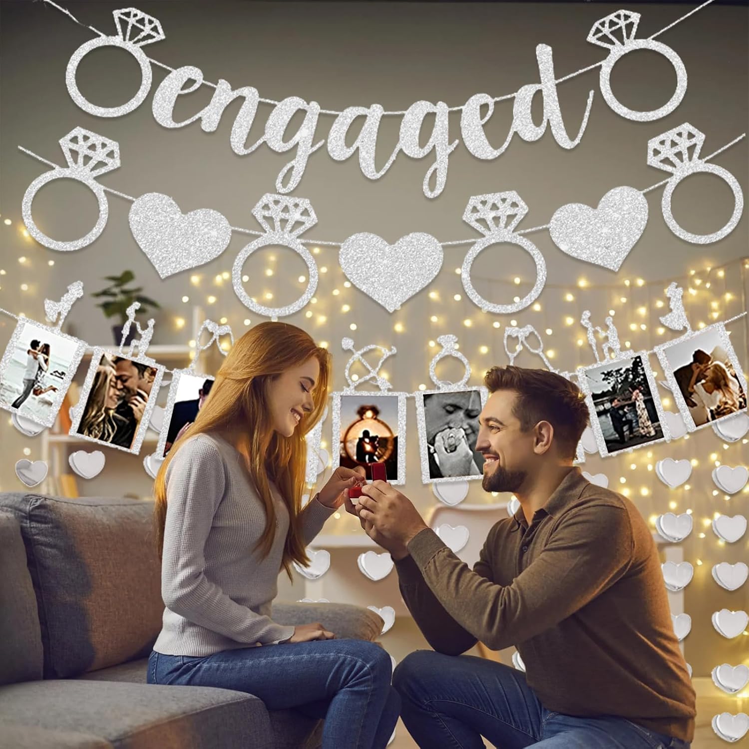 Silver Glitter Engagement Party Banners with Heart Garland