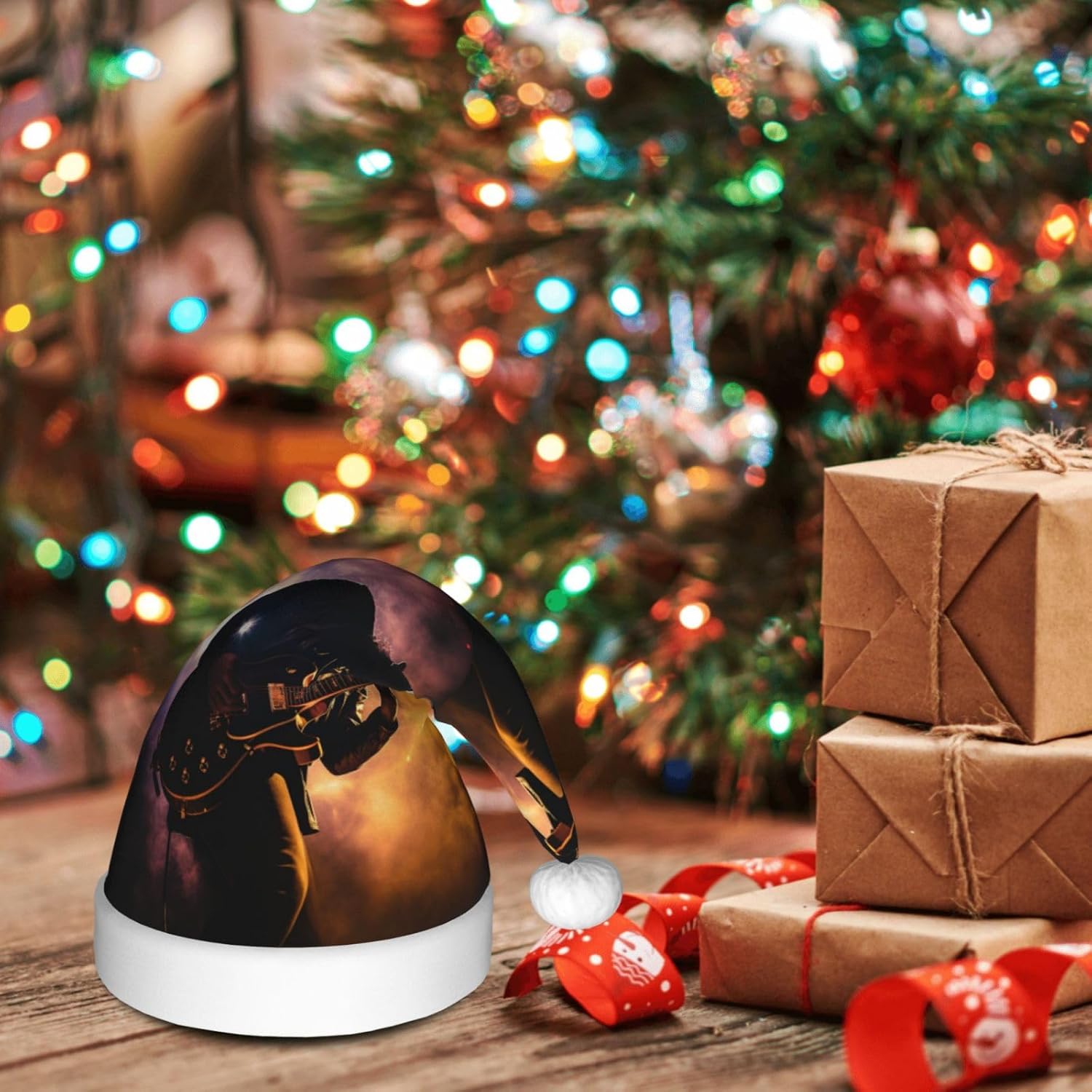 Personalized Santa Hat with Musical Guitar Print for Women