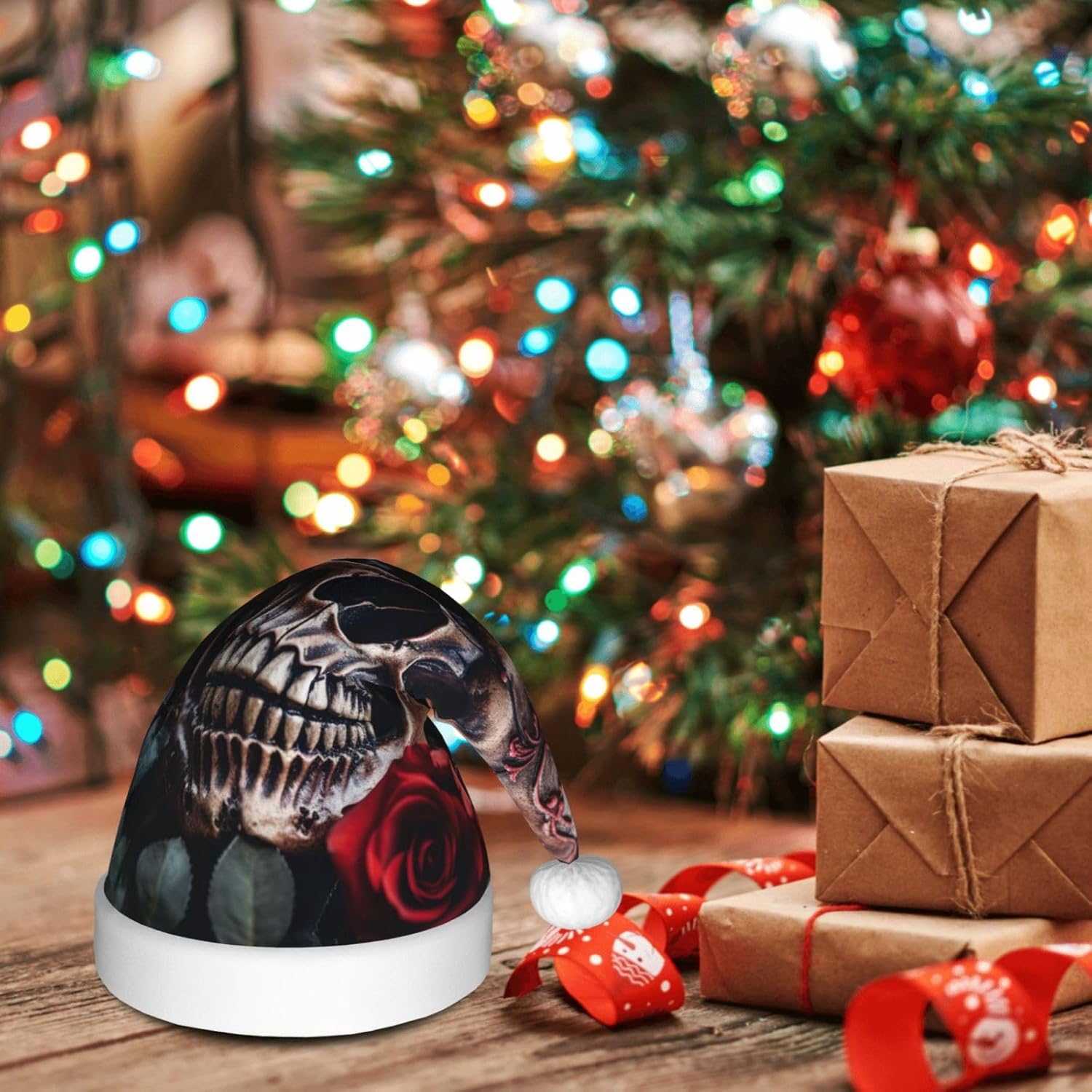 QINZHENG Skull and Red Rose Santa Hat