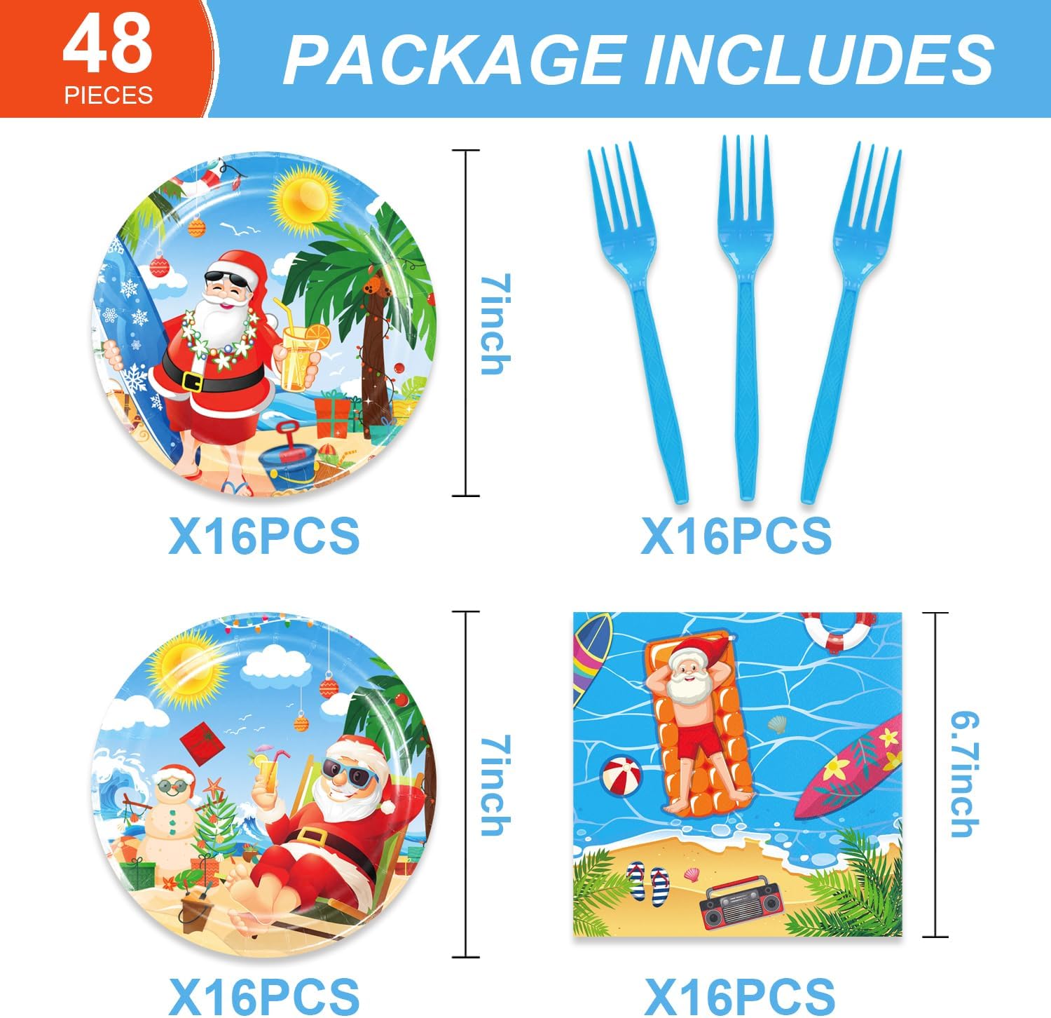 48pcs Beach Hawaiian Santa Party Tableware Set for 16 Guests