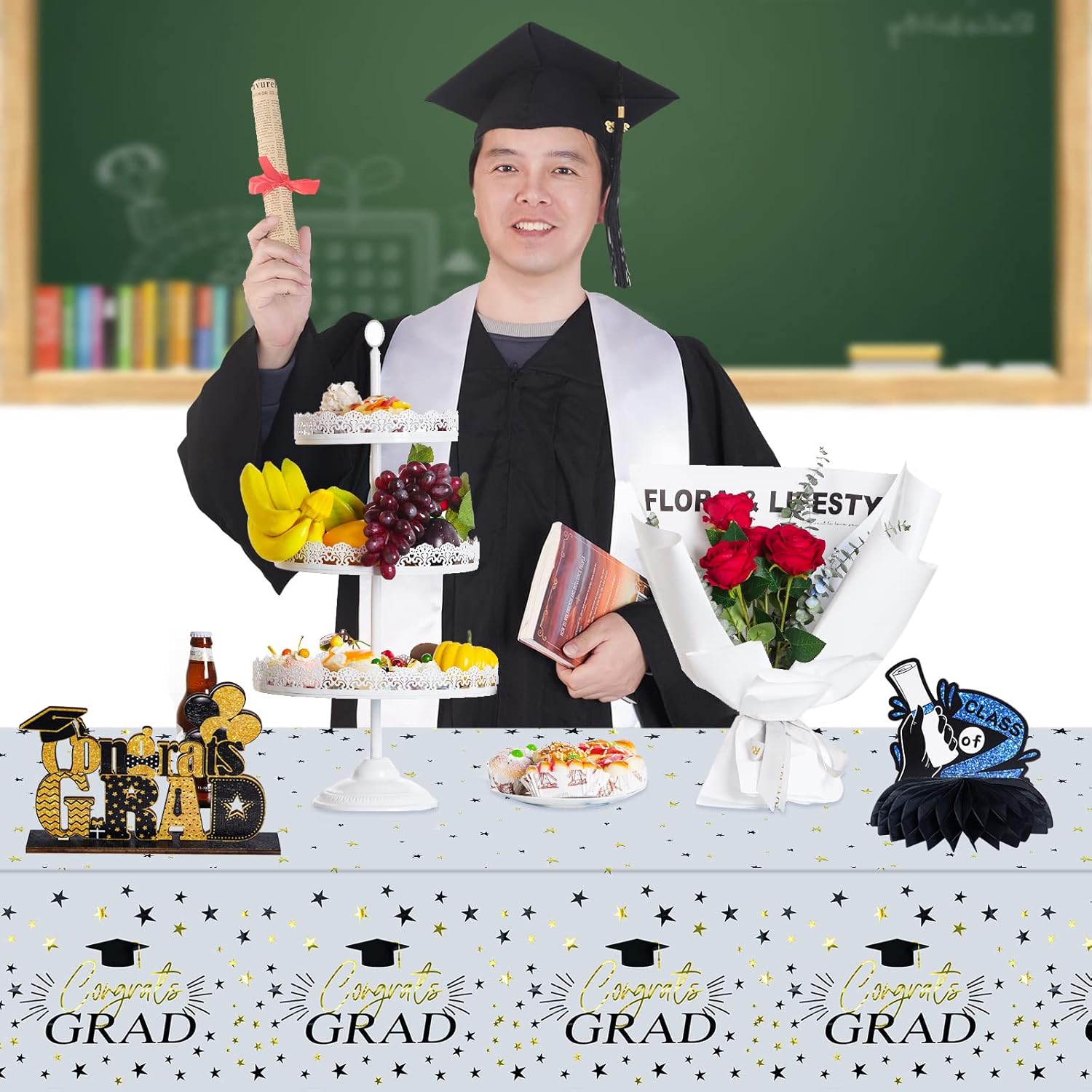 3 Piece Graduation Party Tablecloths Black White Gold