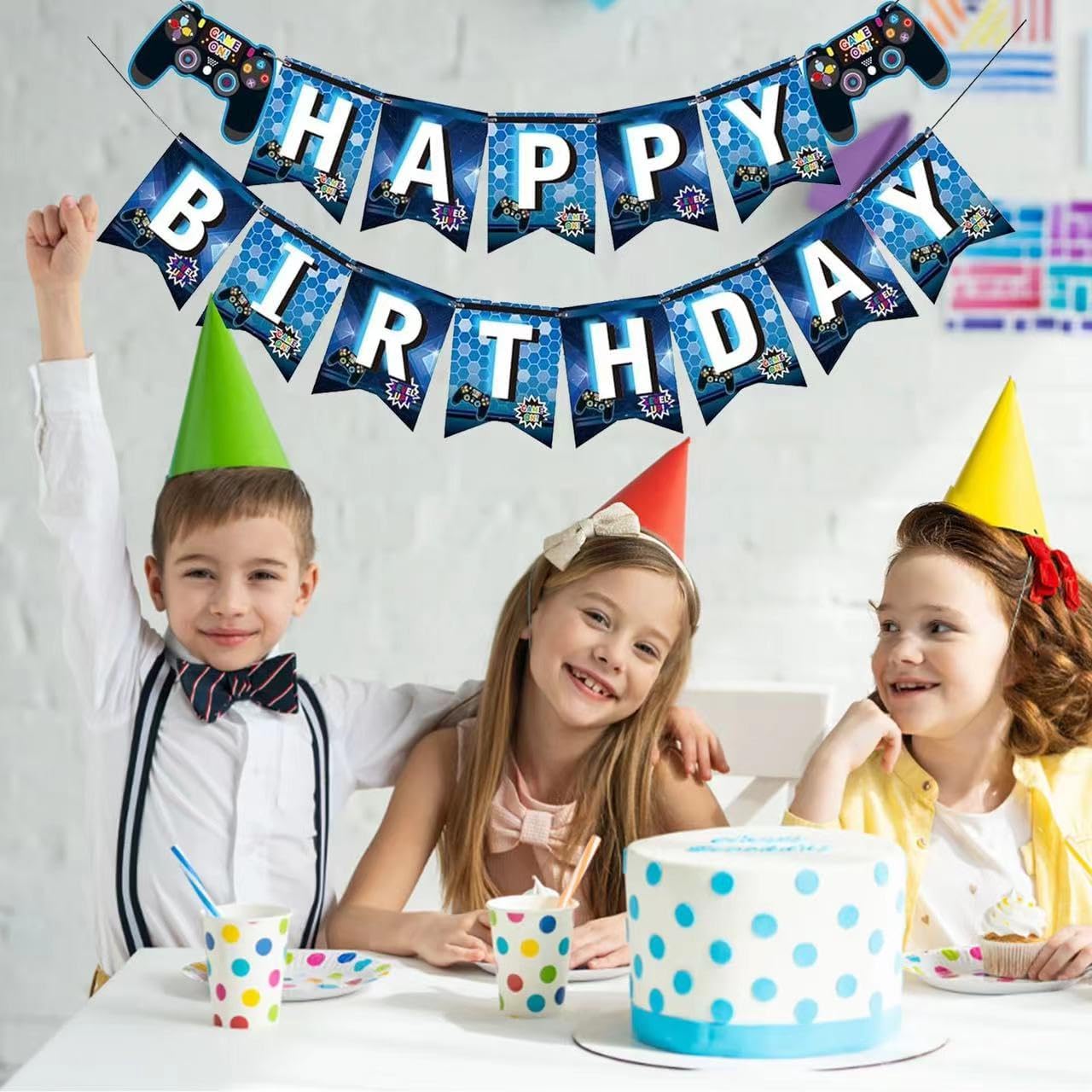 Blue Video Game Birthday Banner for Celebration Party Decoration