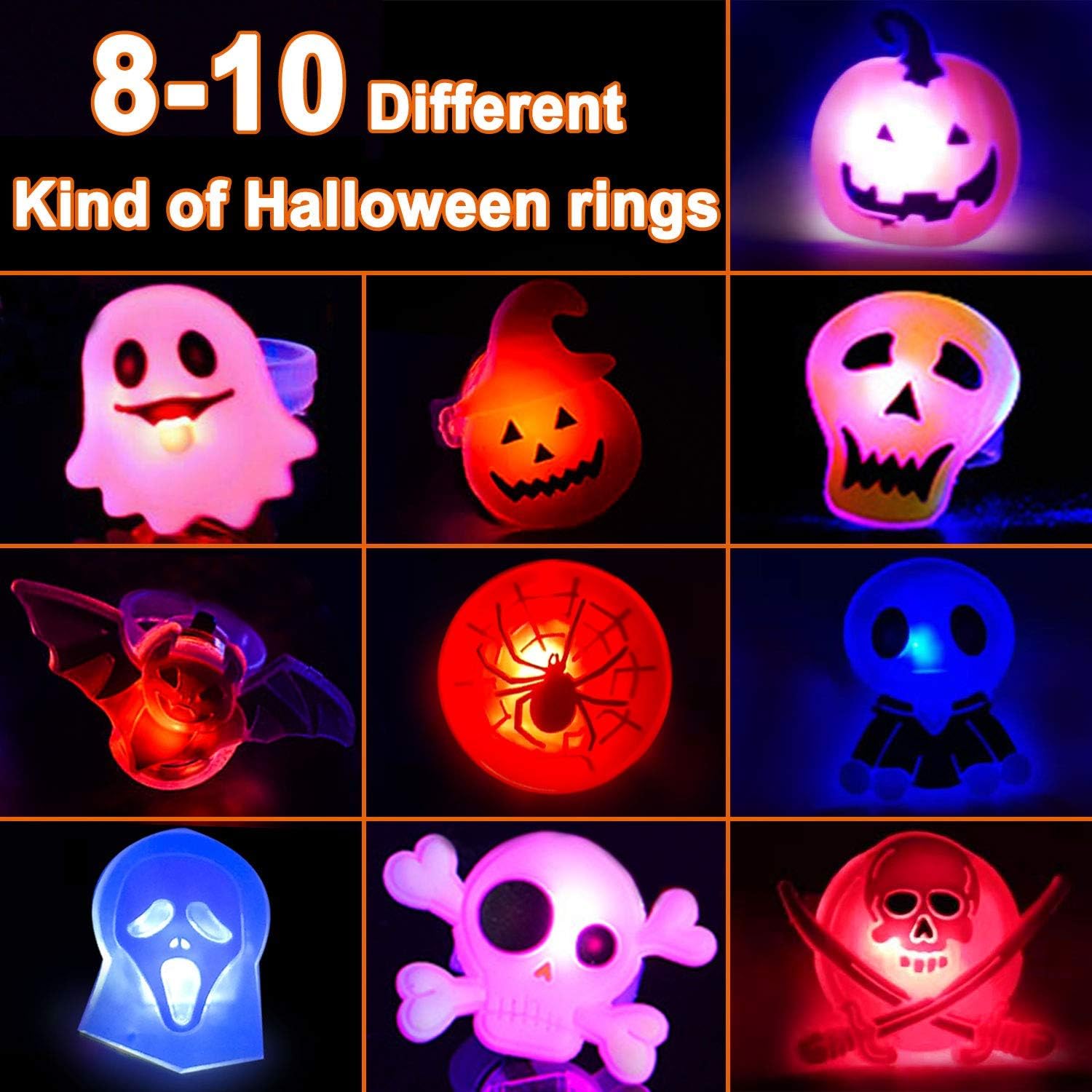 Halloween LED Flashing Ring Set for Kids Adults 50 Pack