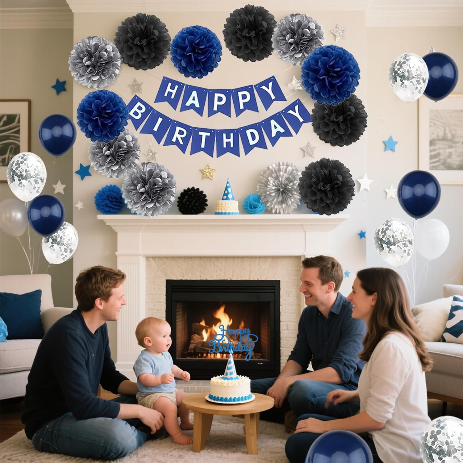Navy Blue Birthday Decor Set with Banner and Balloons