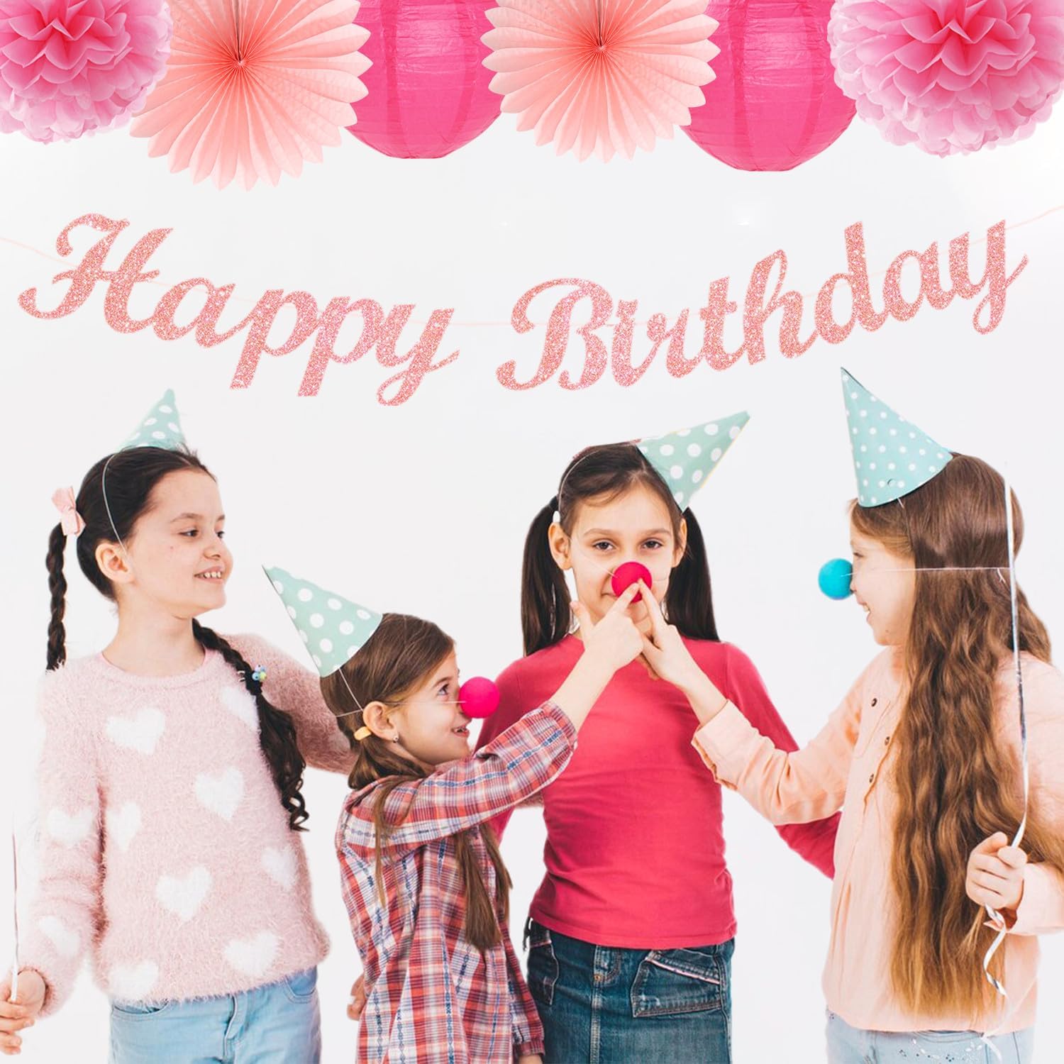 Hot Pink Birthday Decorations - 14pcs Paper Flowers Lanterns Pom Poms