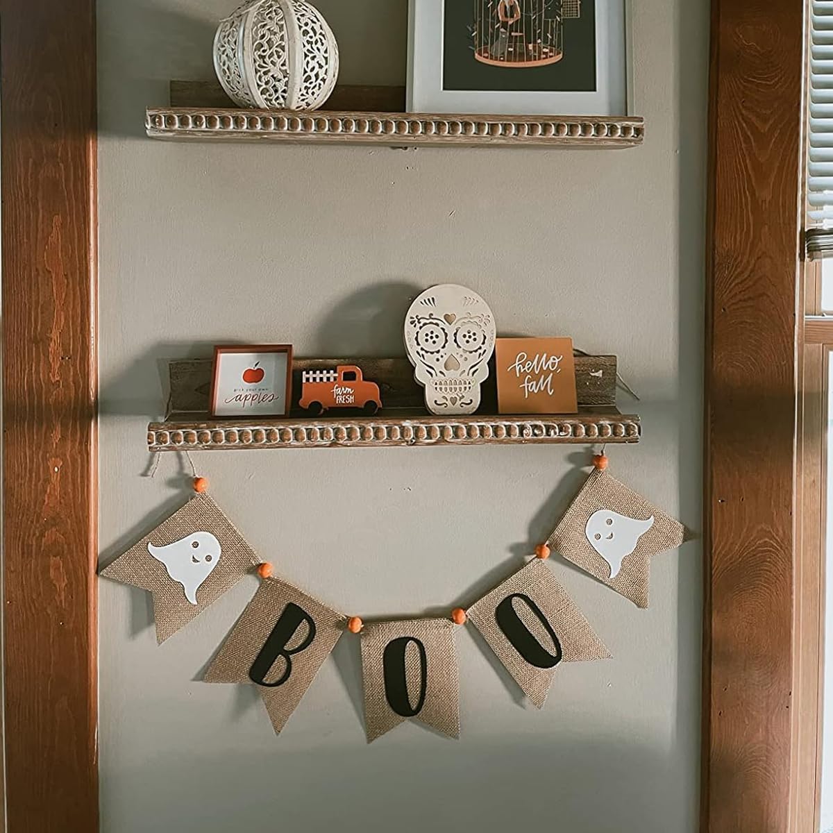 Boo Burlap Halloween Banner with Ghost and Fireplace Garland