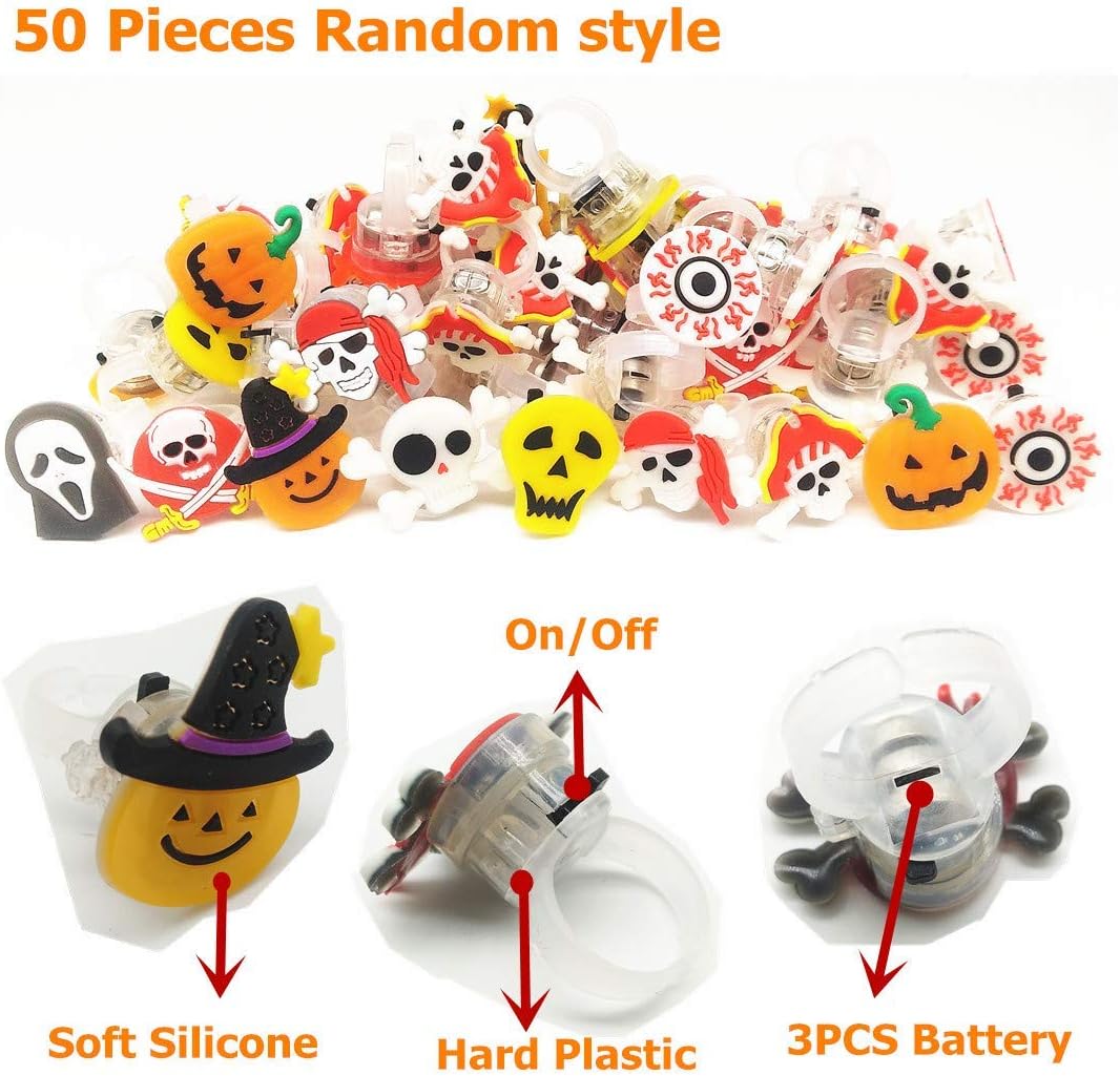 Halloween LED Flashing Ring Set for Kids Adults 50 Pack
