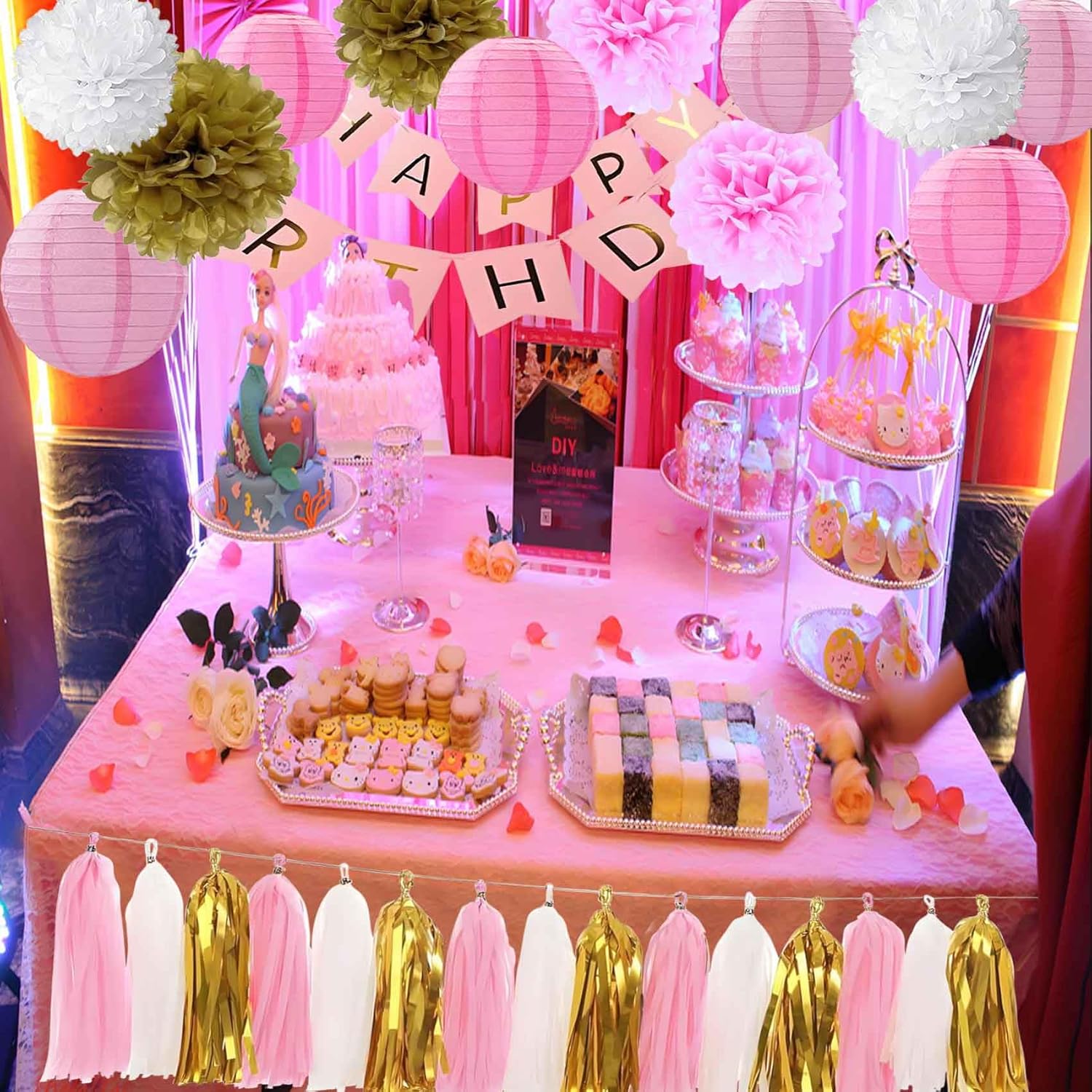 Pink Gold and White Party Decorations Set 28PCS