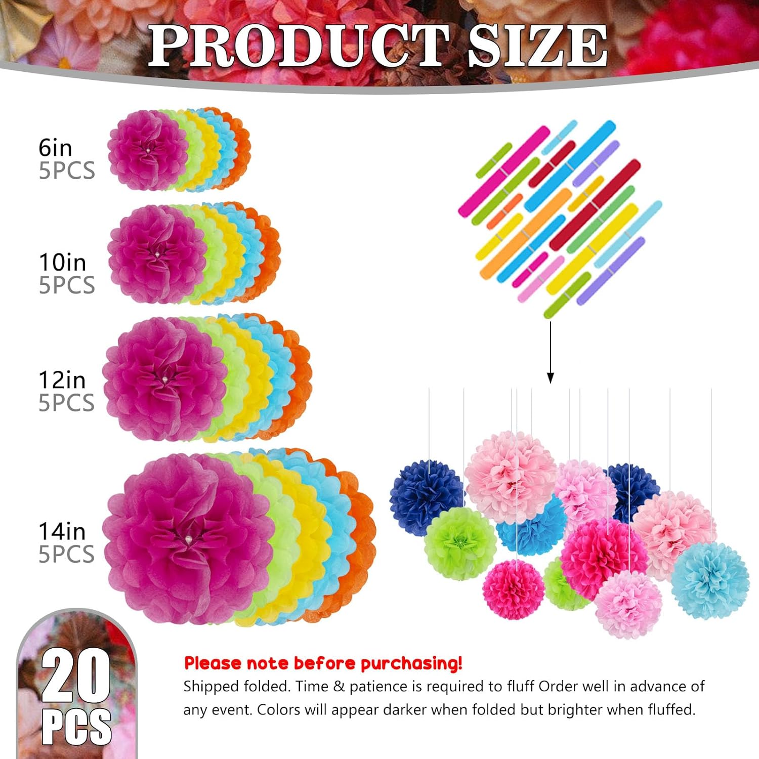 Tissue Paper Pom Poms 20 Piece Set 6 10 12 14 Inch