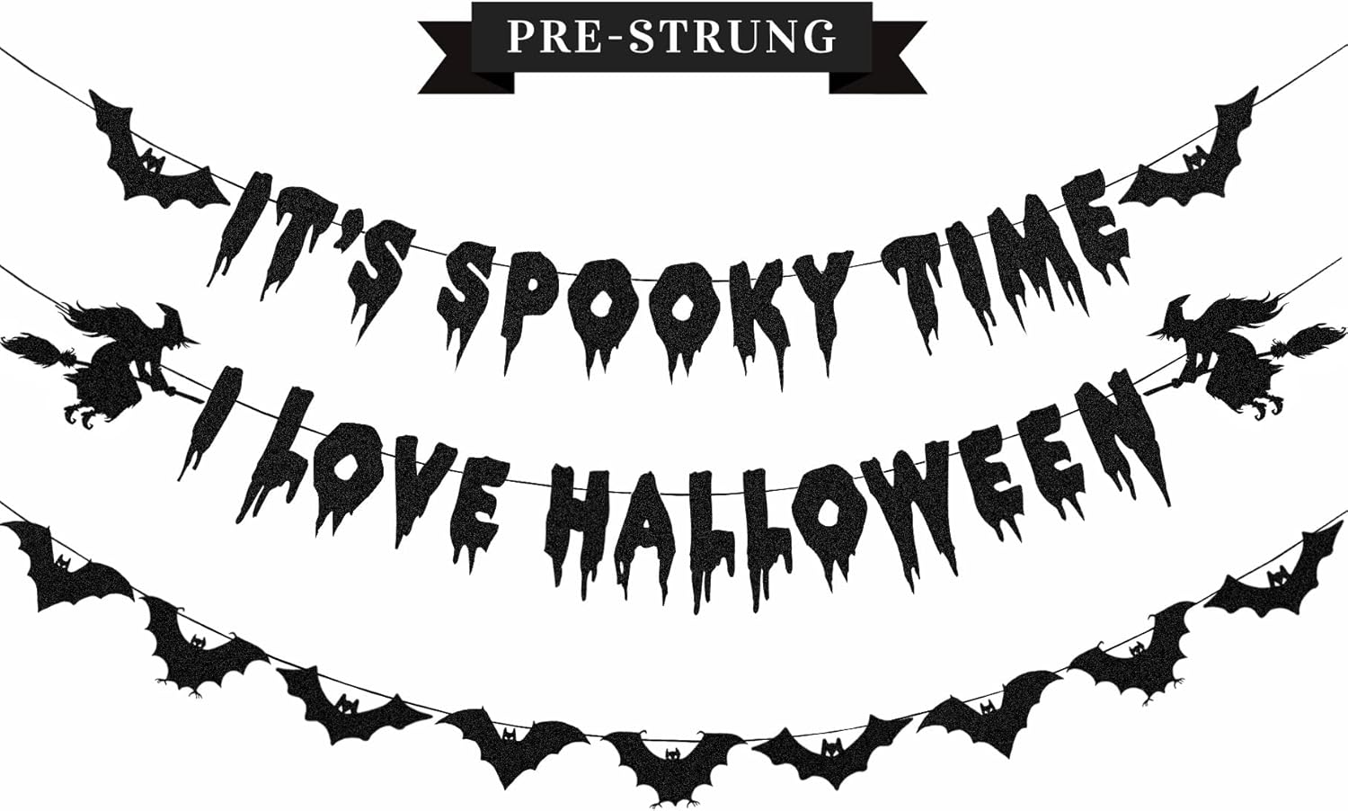 Halloween Decorations Glittery Black Banner Garland Bats