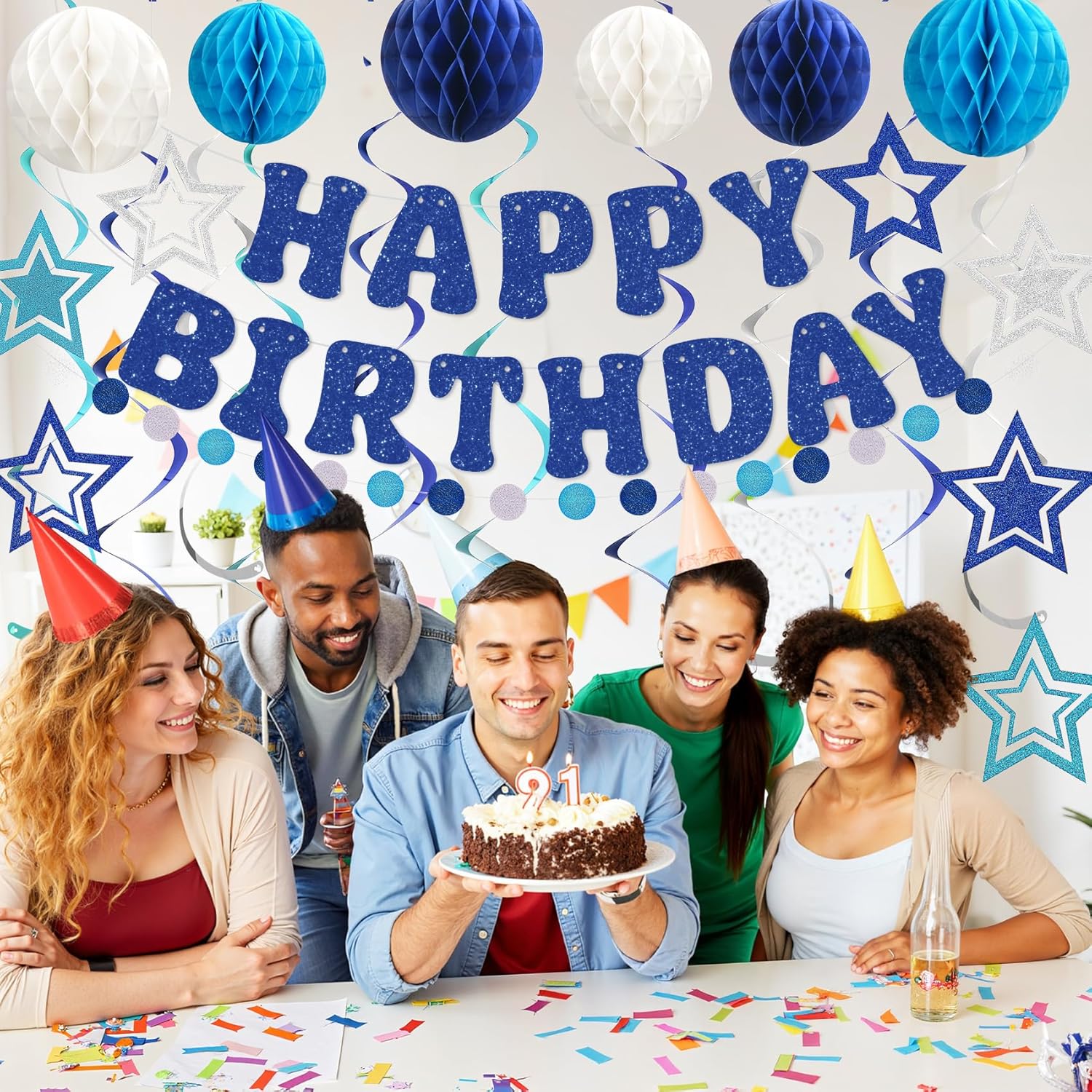 Glitter Blue Birthday Banner with Honeycomb Balls and Stars Streamers