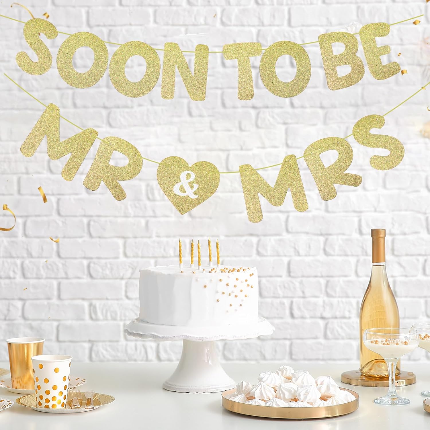Yeaqee Pre-Strung Mr Mrs Gold Glitter Banner