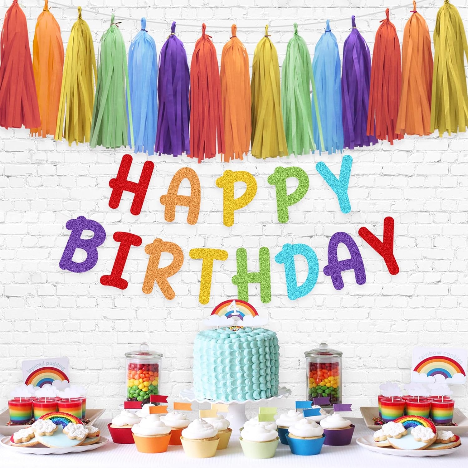 Rainbow Birthday Banner with Paper Tassel Garland