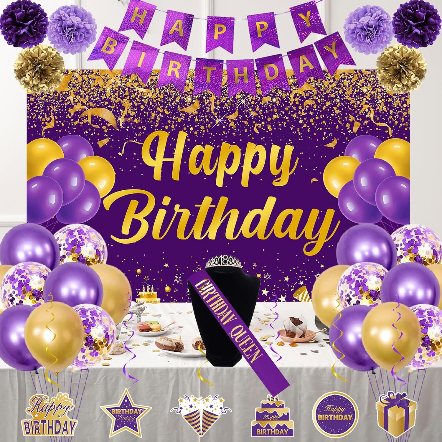 Trgowaul Purple Gold Birthday Decorations Set 34PCS