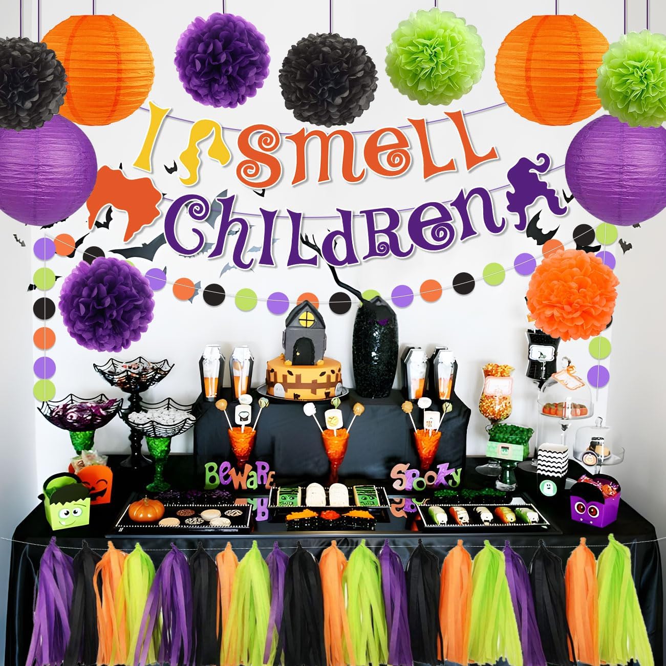 Hocus Pocus Halloween Decor Banner with Pompoms and Tassels