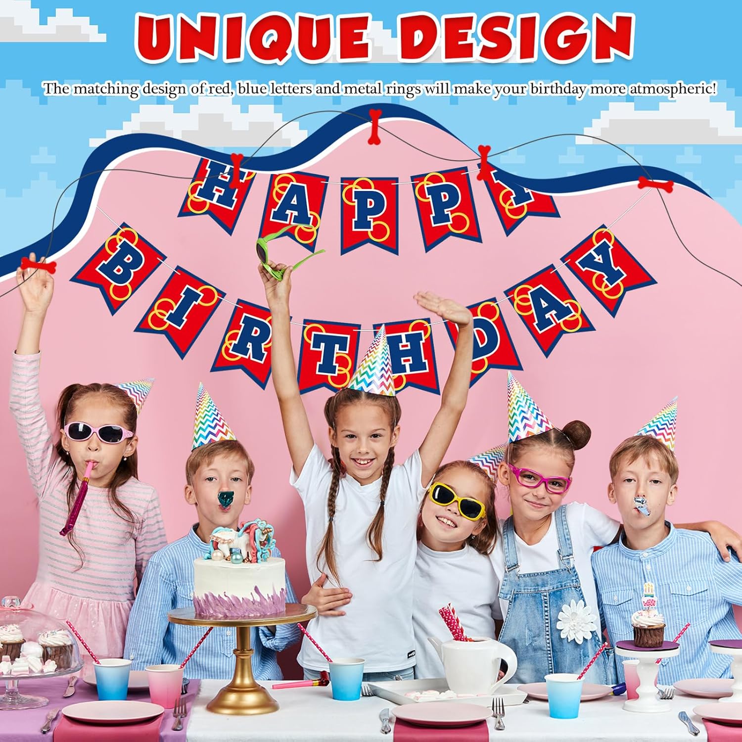 Red Blue and Golden Rings Birthday Banner