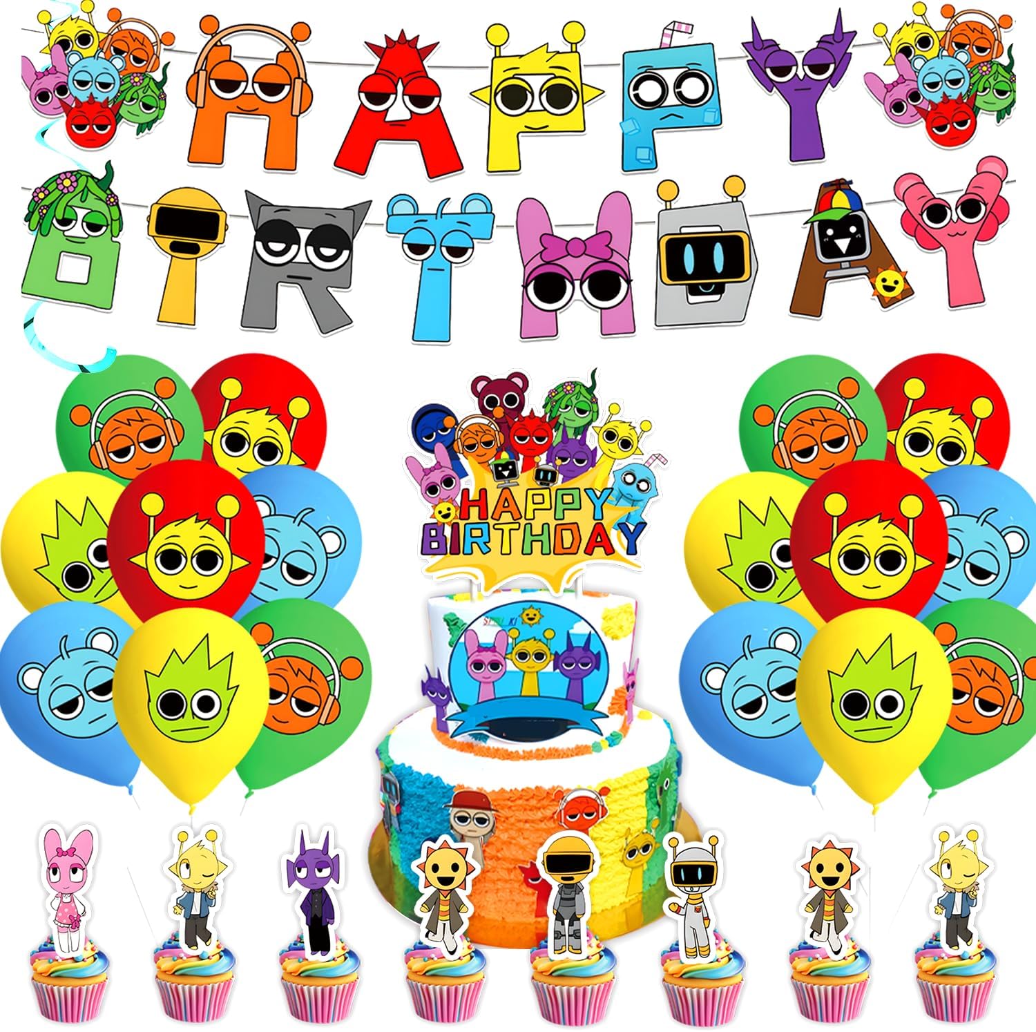 Sprunkie Birthday Decor Set with Banner Cake Topper Balloons Background