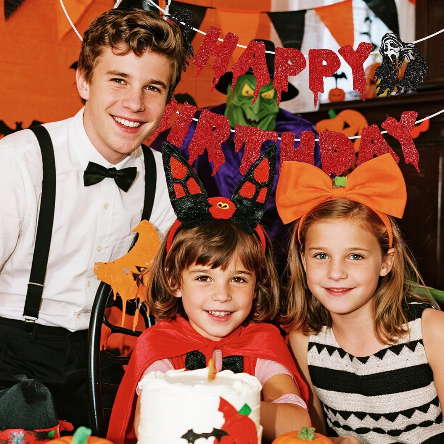 Black Red Glitter Halloween Birthday Banner