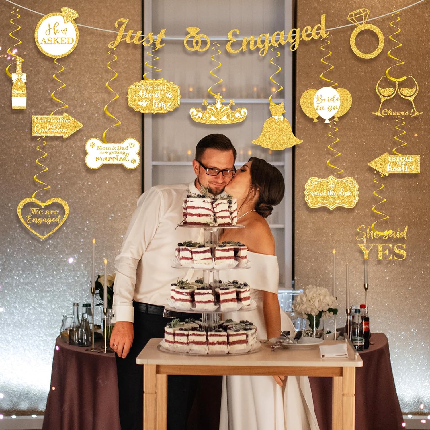 White Gold Engagement Party Decorations Banner with Hanging Swirls