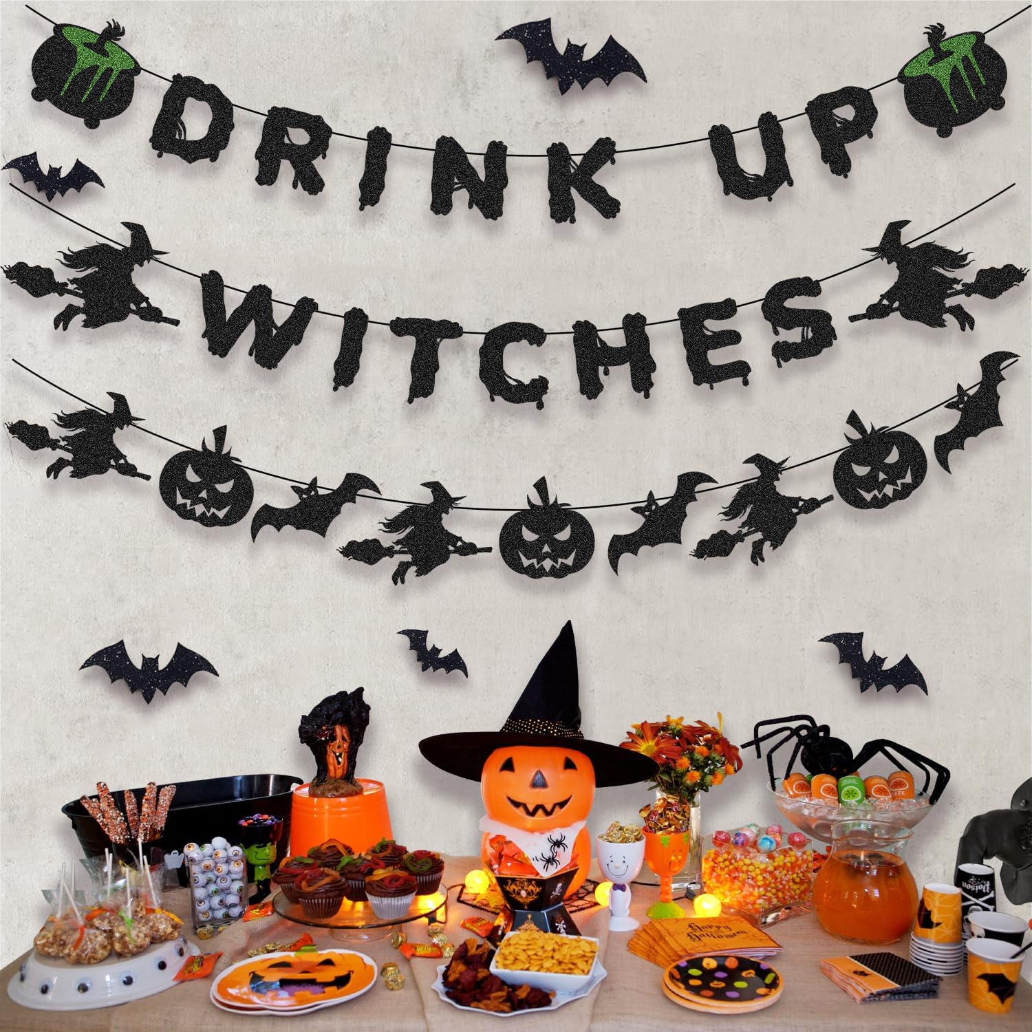 KOKAR Halloween Decorations - Witches Banner Garland with Bats Pumpkin