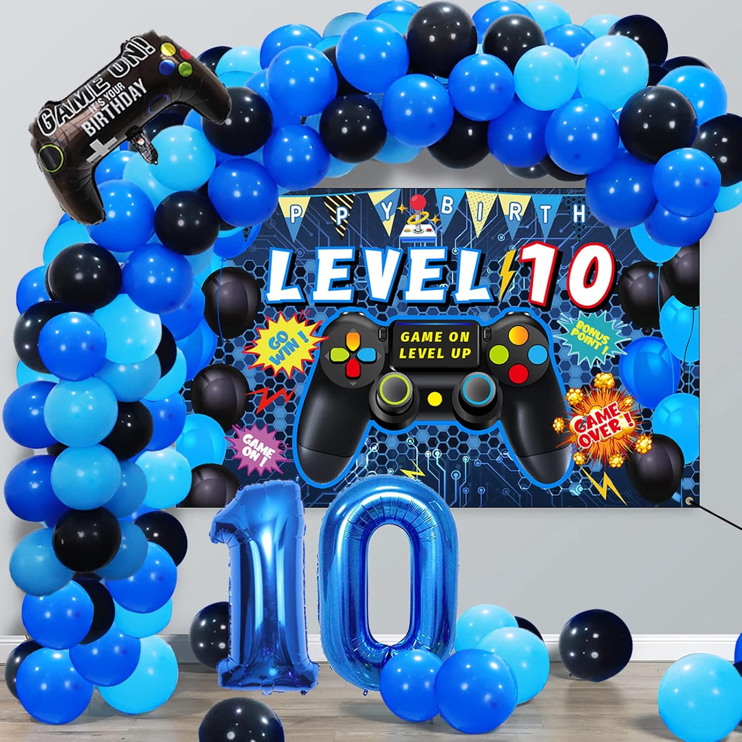 90PCS Blue 10th Birthday Video Game Decorations for Boys