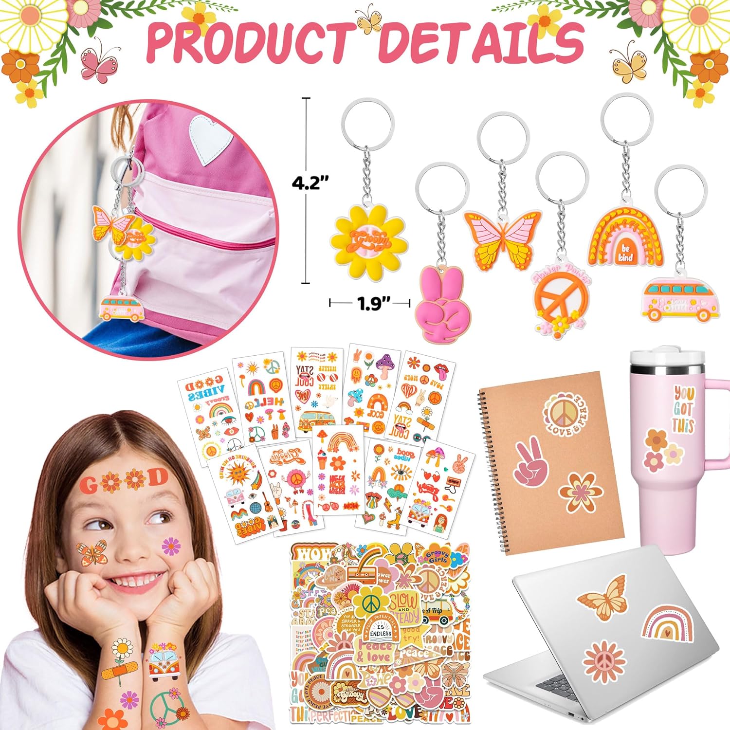 120PCS Groovy Party Favors Retro Flower Sunglasses Keychains Slap Bracelets