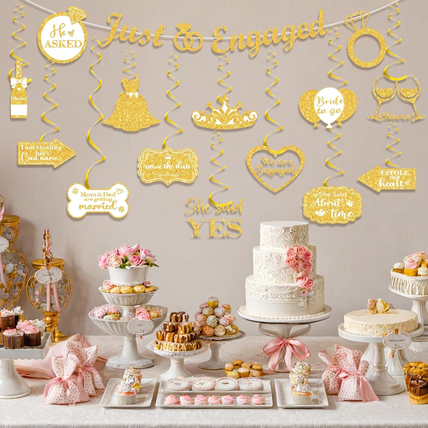 White Gold Engagement Party Decorations Banner with Hanging Swirls