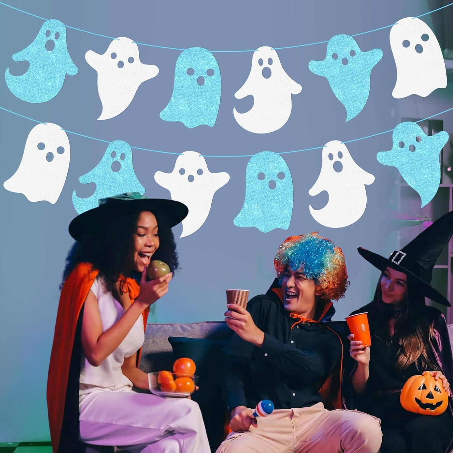 Halloween Ghost Banners White Blue Glitter Decorations 2Pcs