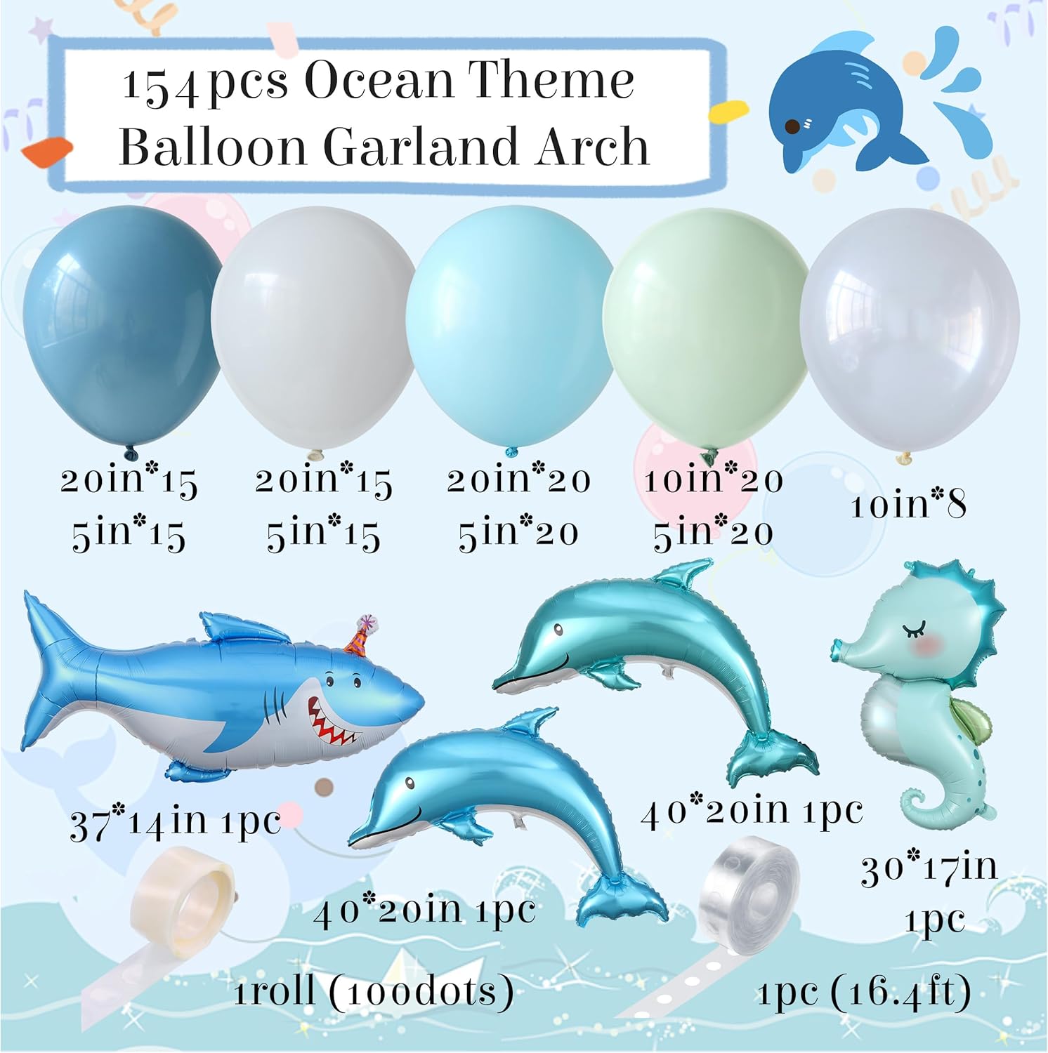 Enanal Ocean Party Balloon Arch Kit 154pcs