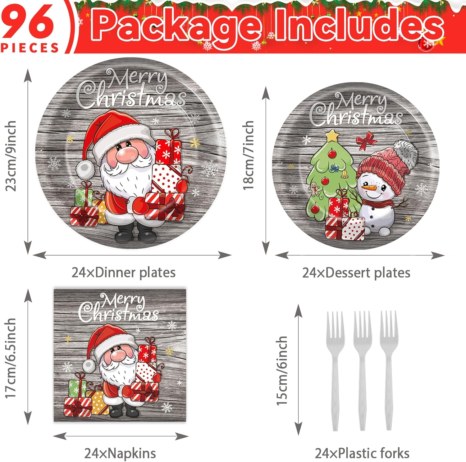 96 Piece Christmas Party Plates with Santa Decor
