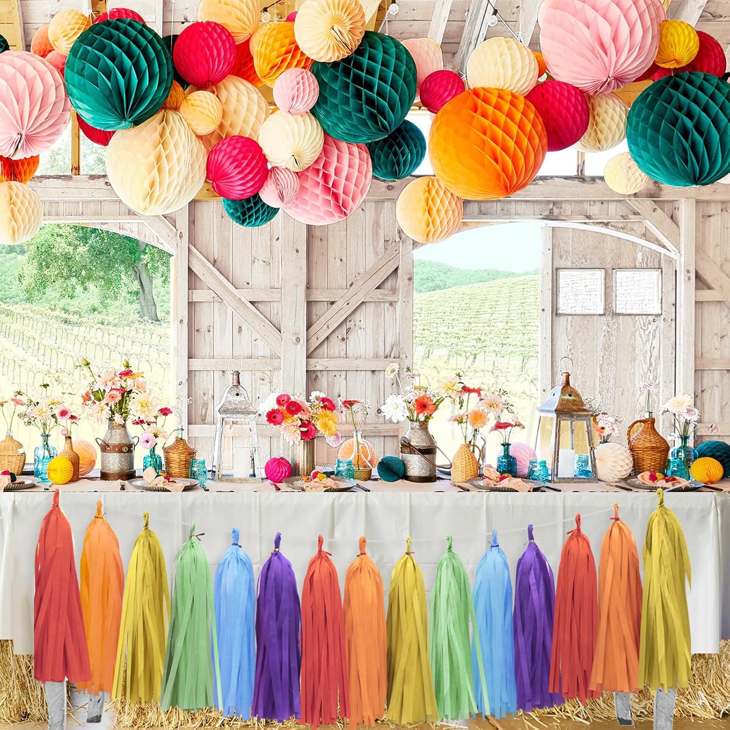 Rainbow Birthday Banner with Paper Tassel Garland