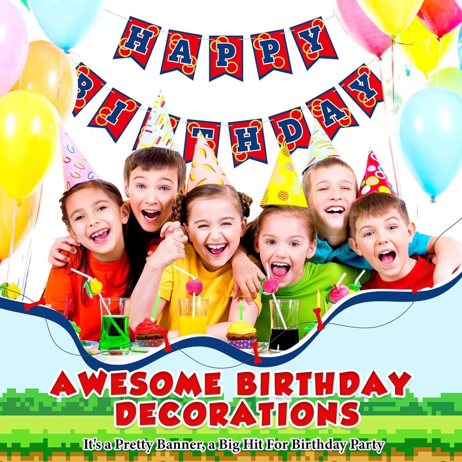 Red Blue and Golden Rings Birthday Banner