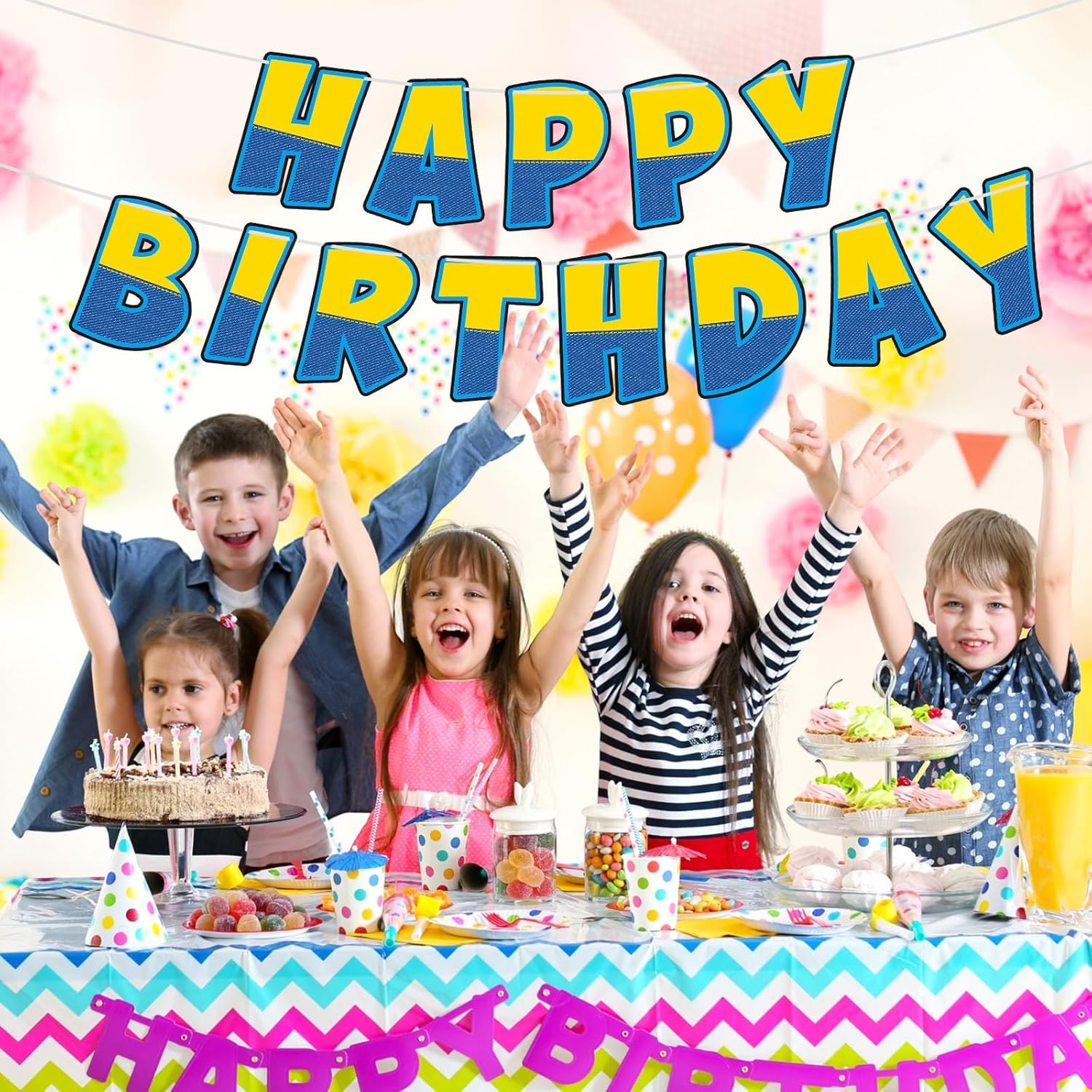 Funrous Birthday Banner Yellow Blue Happy Party Decor