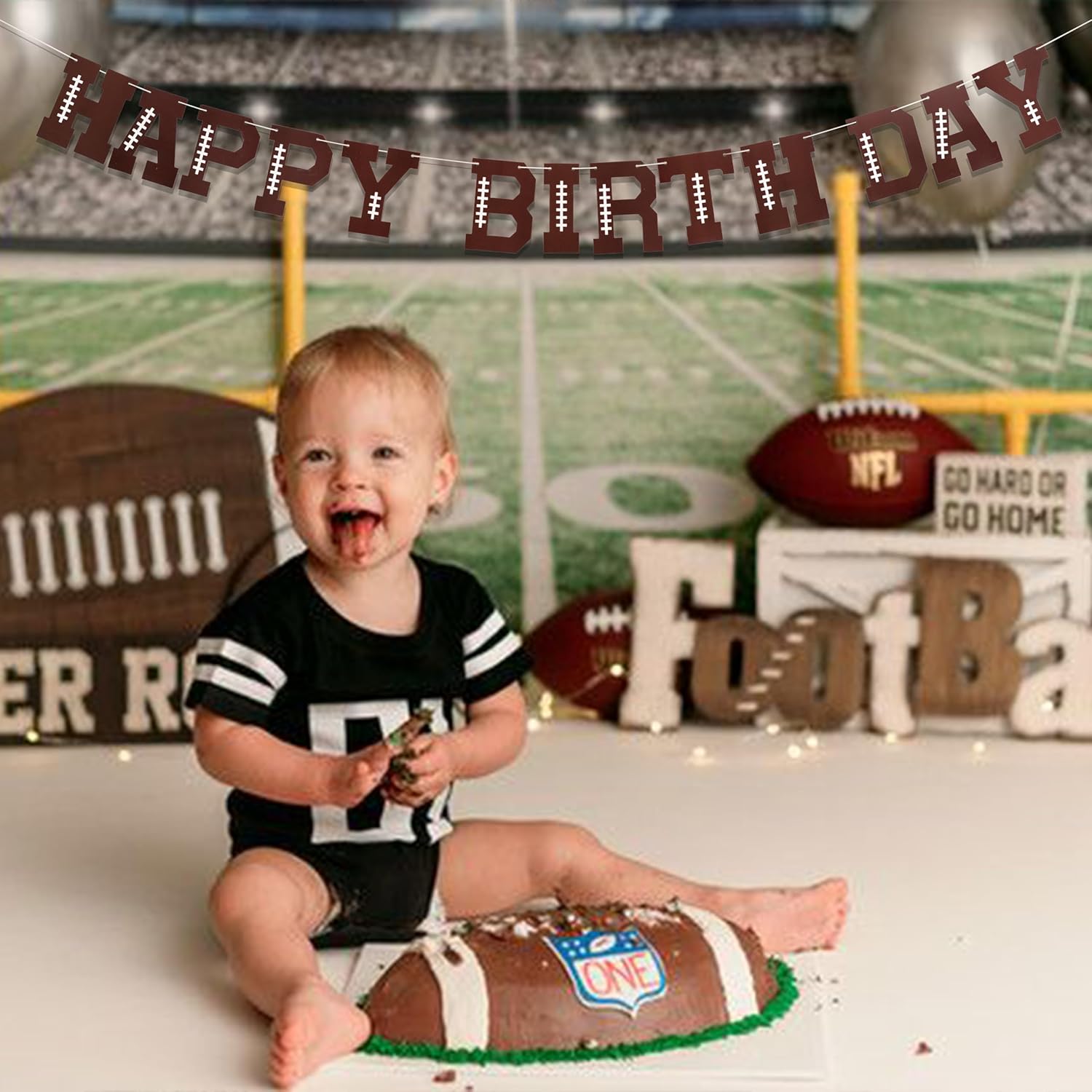 Football Birthday Banner with Rugby Stitching