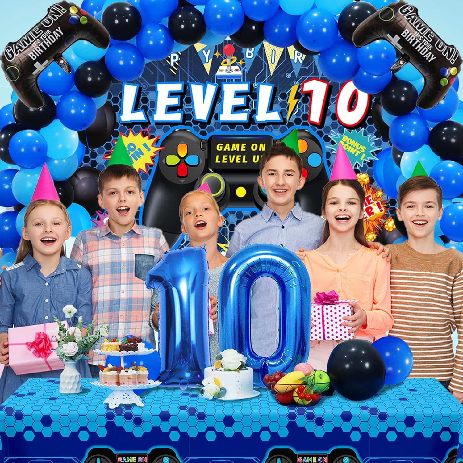 90PCS Blue 10th Birthday Video Game Decorations for Boys