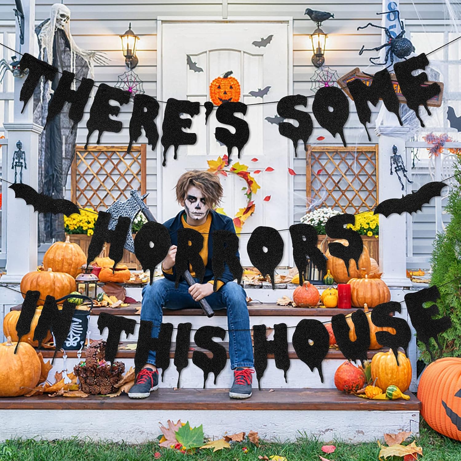 Theres Some Horrors In This House Halloween Banner Black Glitter