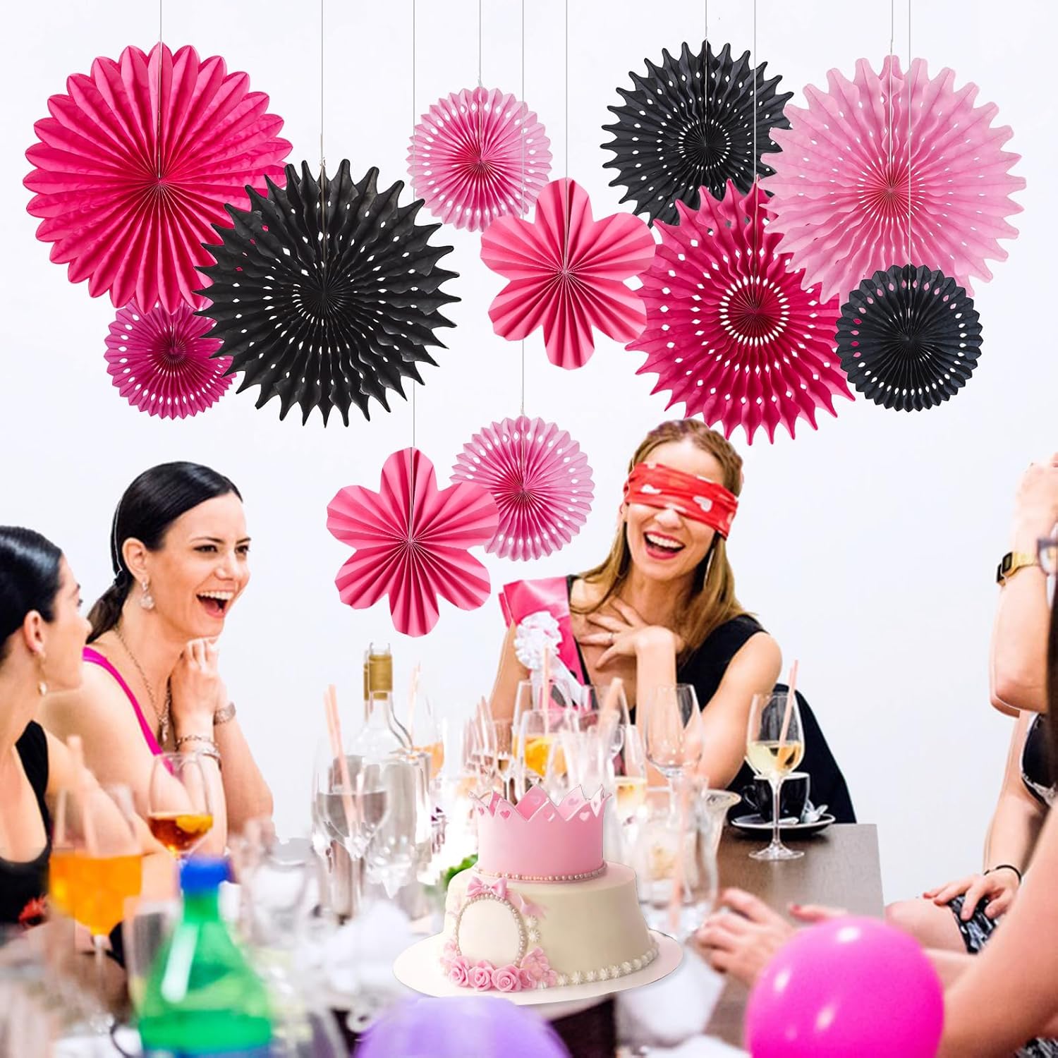 11PCS Hanging Paper Fans Pink Black Birthday Party Decorations