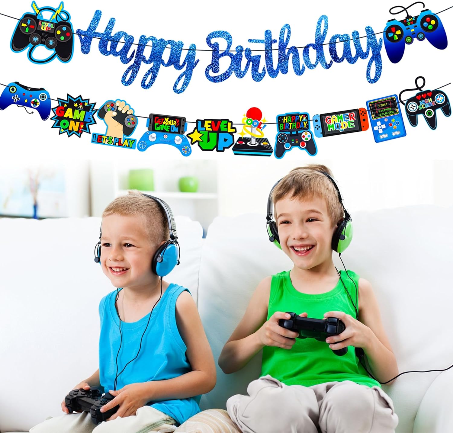 Glitter Blue Game Party Banners for Birthday Celebrations